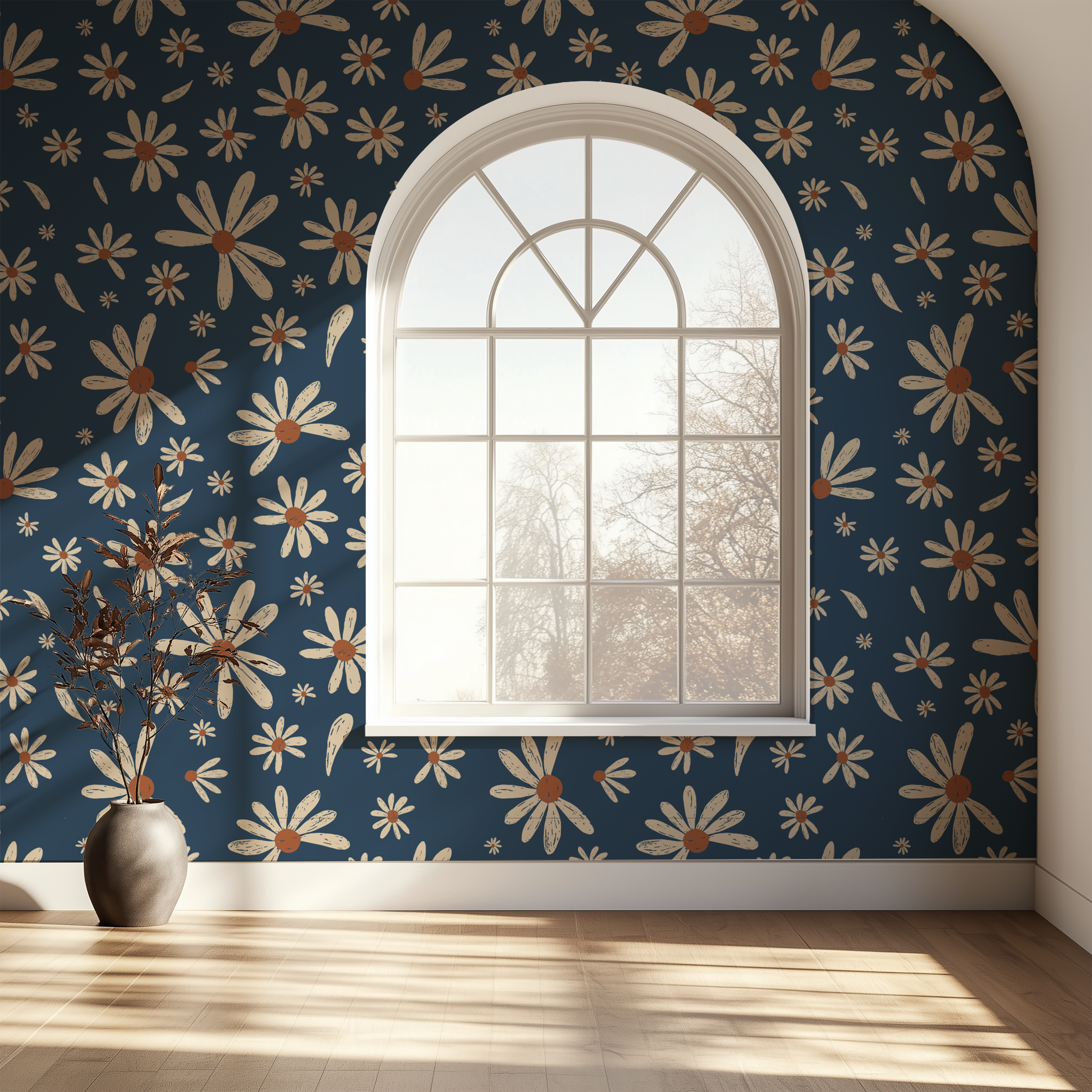 Flower Pop Midnight Daisy Wallpaper creating an elegant floral feature wall in a contemporary living room.