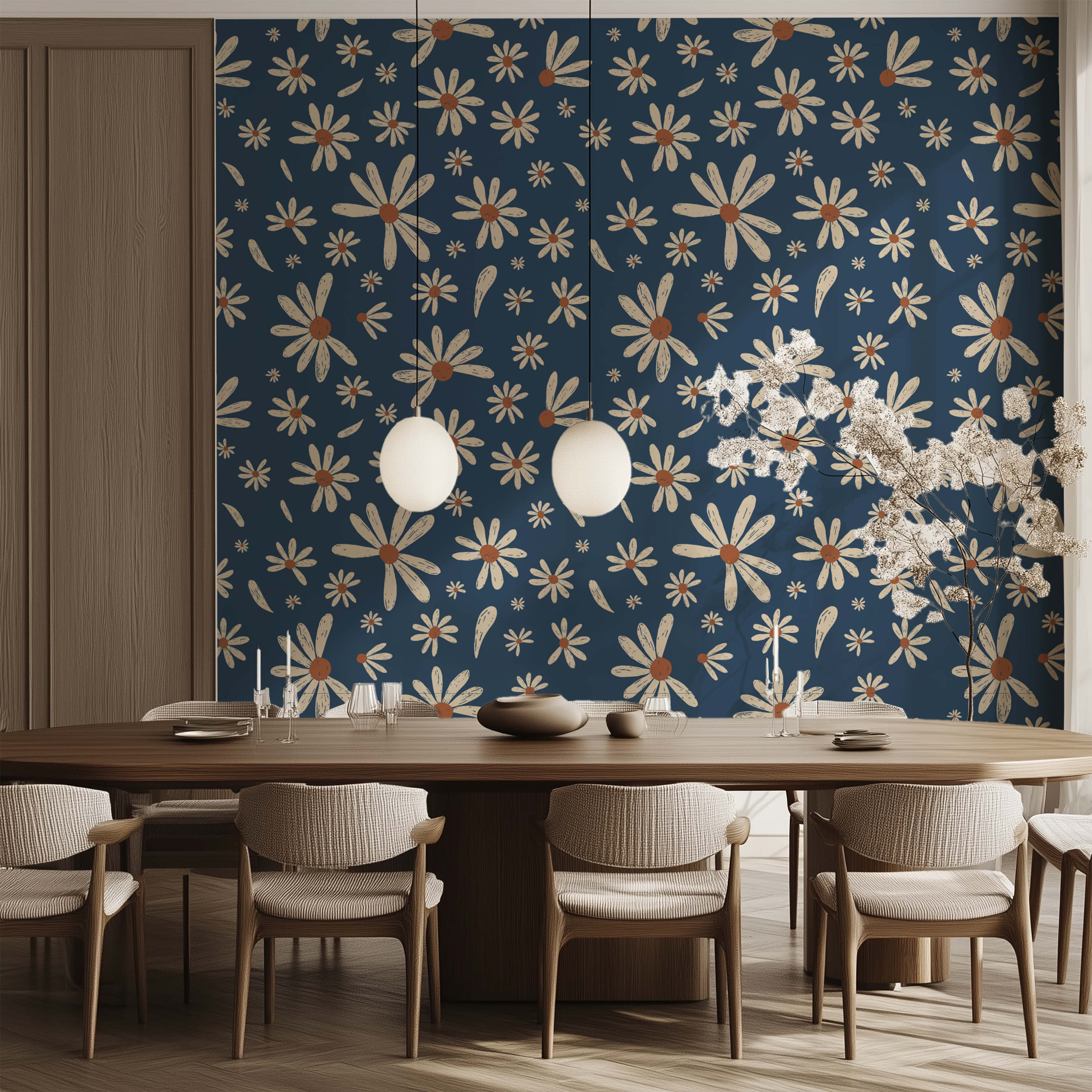 Flower Pop Midnight Daisy Wallpaper featured behind a curved white sofa in an organic modern living room.