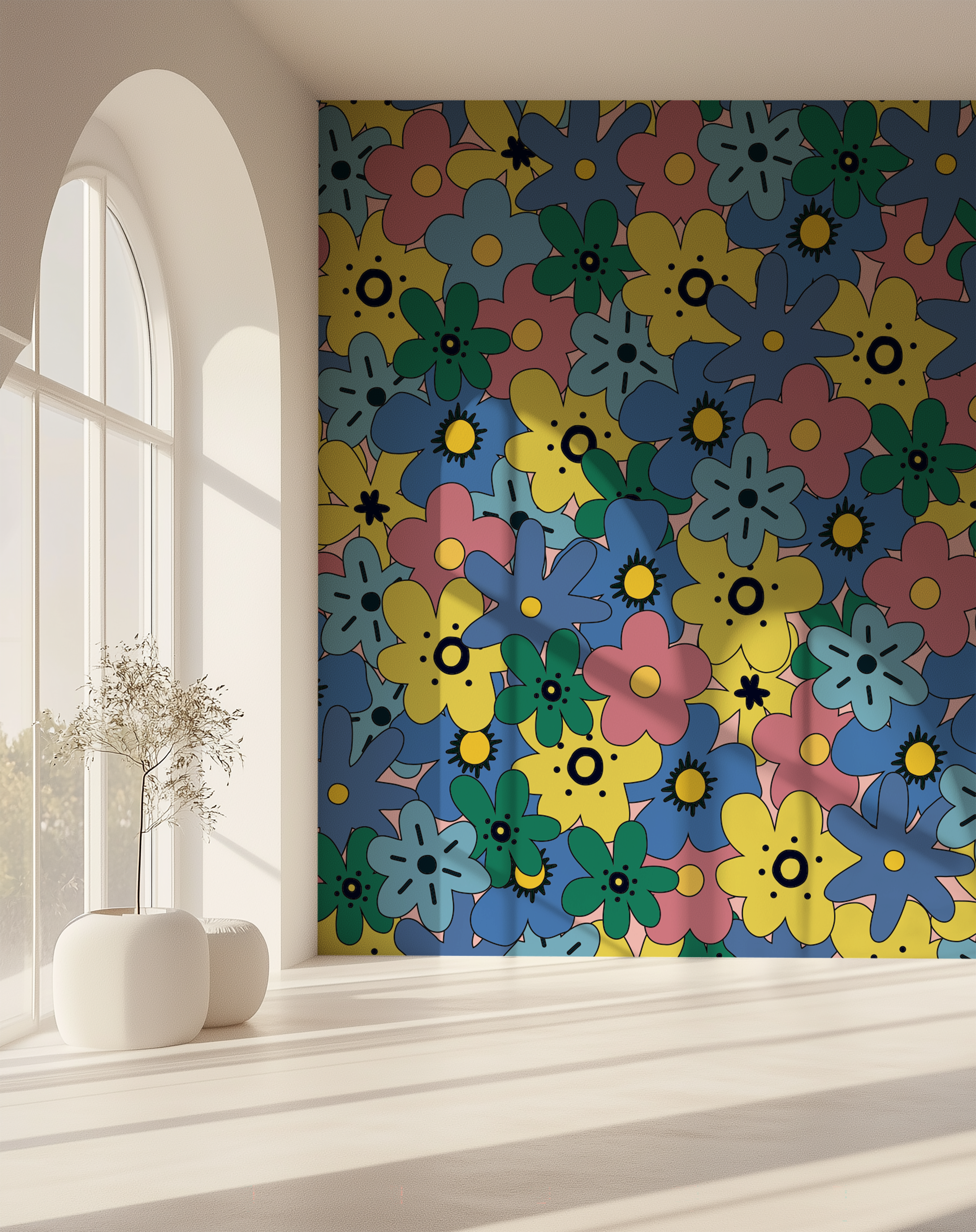 Flower Pop Retro Floral Wallpaper displayed as a colourful feature wall beside a large arched window with natural sunlight.