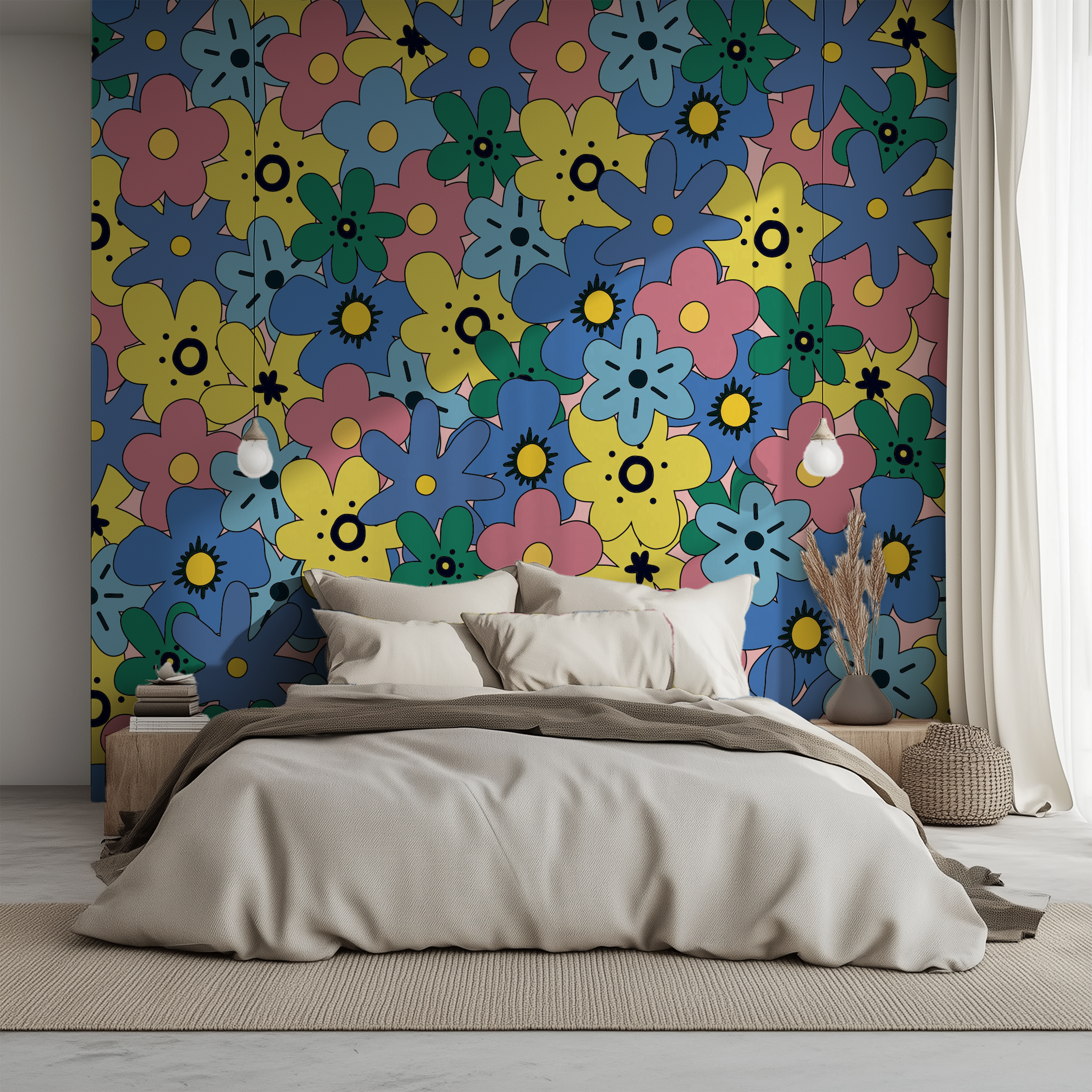 Flower Pop Retro Floral Wallpaper featured behind a modern bed with soft neutral bedding