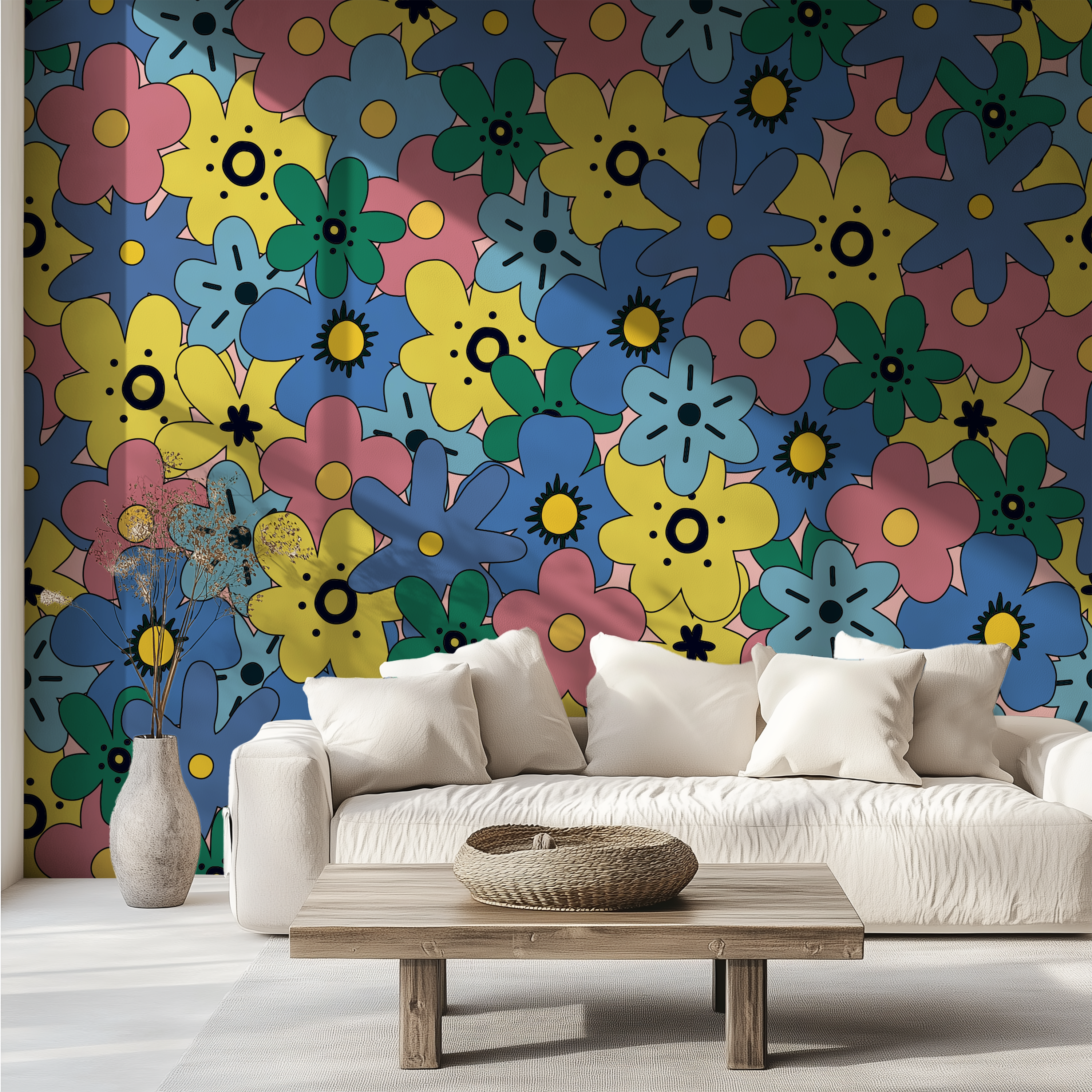 Flower Pop Retro Floral Wallpaper paired with a contemporary white sofa and natural wood coffee table