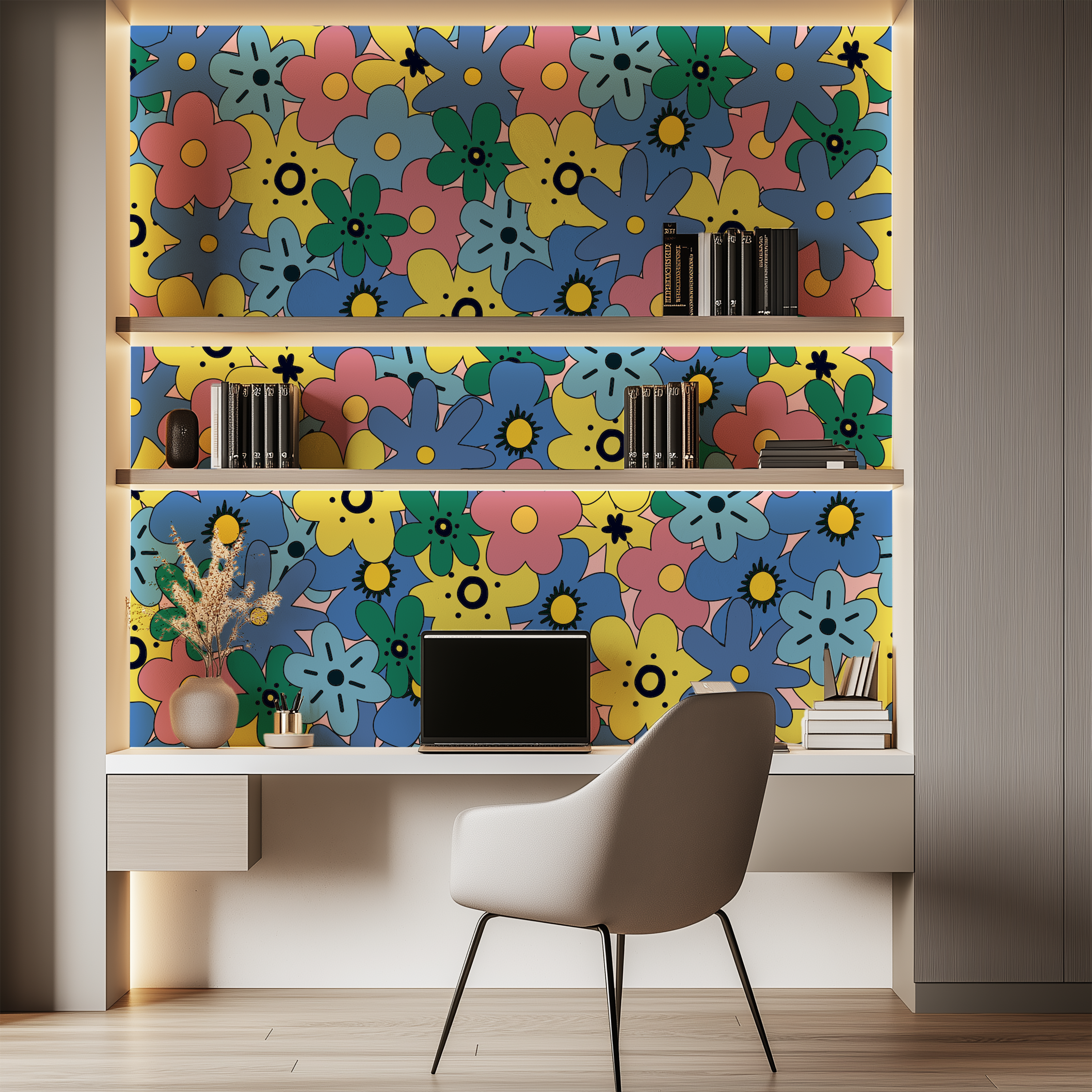 Flower Pop Retro Floral Wallpaper creating a vibrant backdrop in a contemporary home office.
