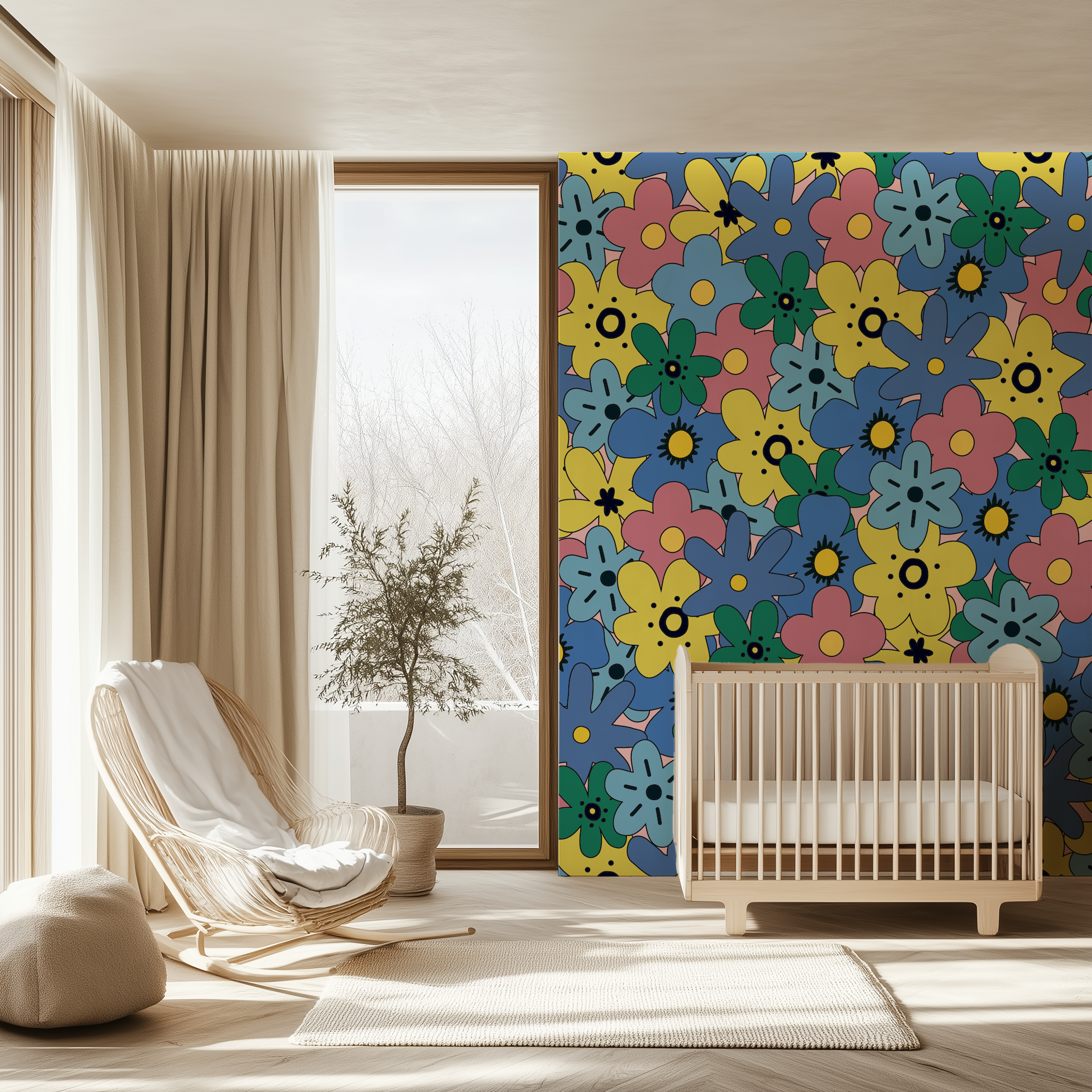 Flower Pop Retro Floral Wallpaper decorating a bright nursery with natural wood furniture.