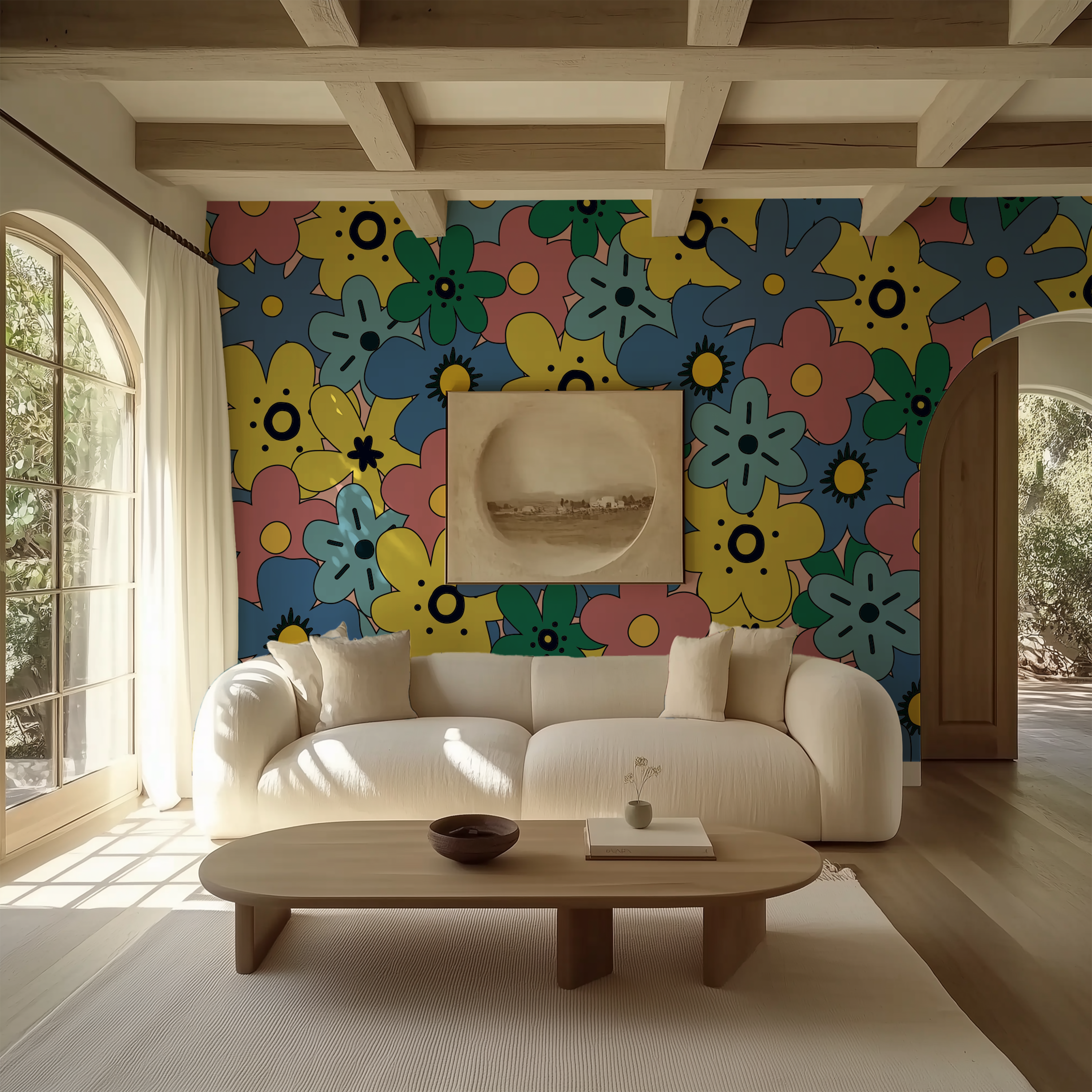 Flower Pop Retro Floral Wallpaper behind a curved white sofa in an organic modern living room.