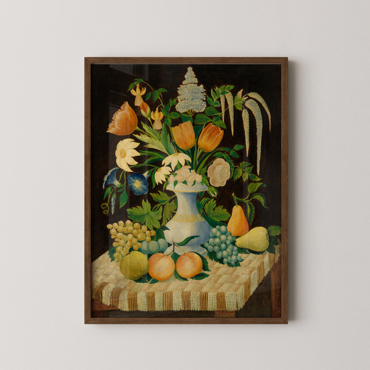 Flowers and Fruit art print in a dark wood frame, with flowers, fruit and pale blue vase