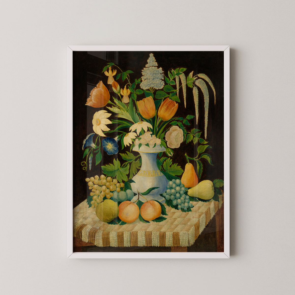 White-framed Flowers and Fruit art print, featuring flowers, fruit and pale blue vase