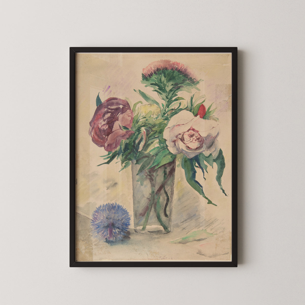 Flowers in a Vase by Zacharie Astruc, floral watercolor art print displayed in a black frame