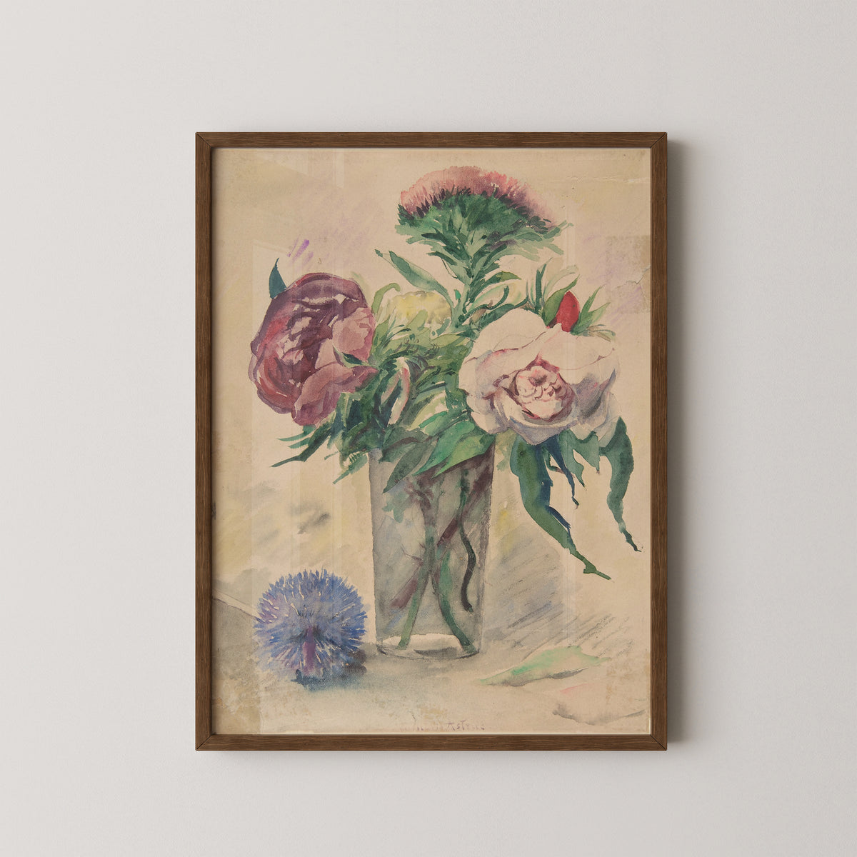Dark wood-framed Flowers in a Vase by Astruc, with a vivid blue flower near the softly colored vase
