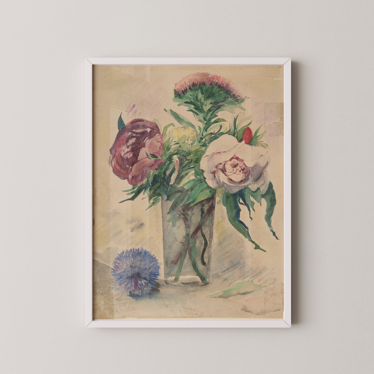 White-framed Astruc floral art print with a loose watercolor bouquet against a pale beige background