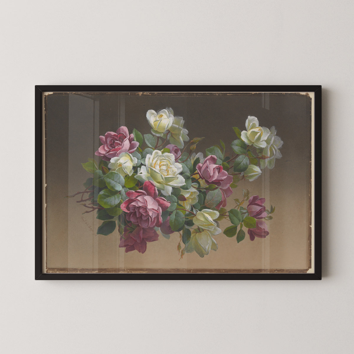 Flowers: Roses by Paul de Longpré, floral watercolor art print displayed in a black frame
