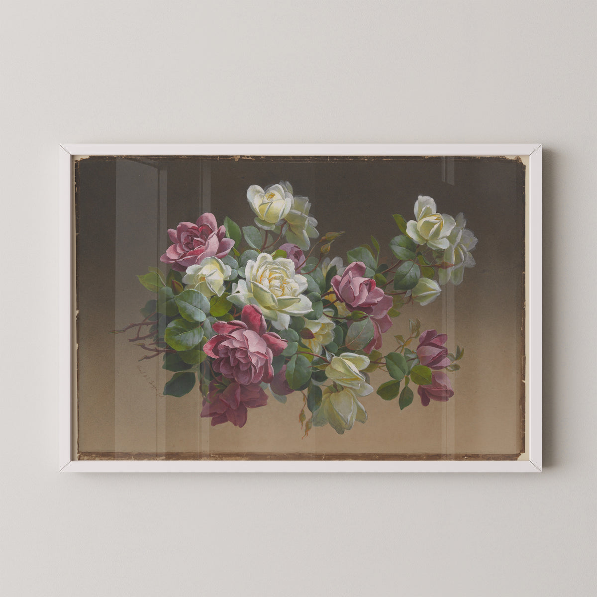 White-framed Flowers: Roses print with delicate petals, layered leaves and slender stems