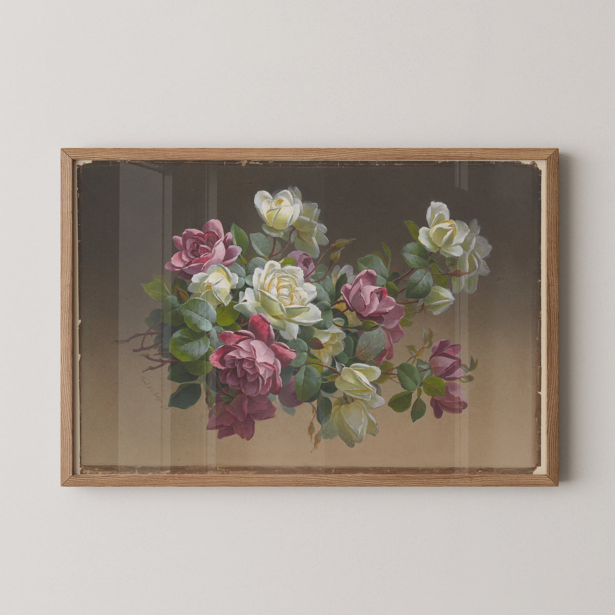 Natural wood-framed rose print by Paul de Longpré, with cream and pink blossoms among green leaves