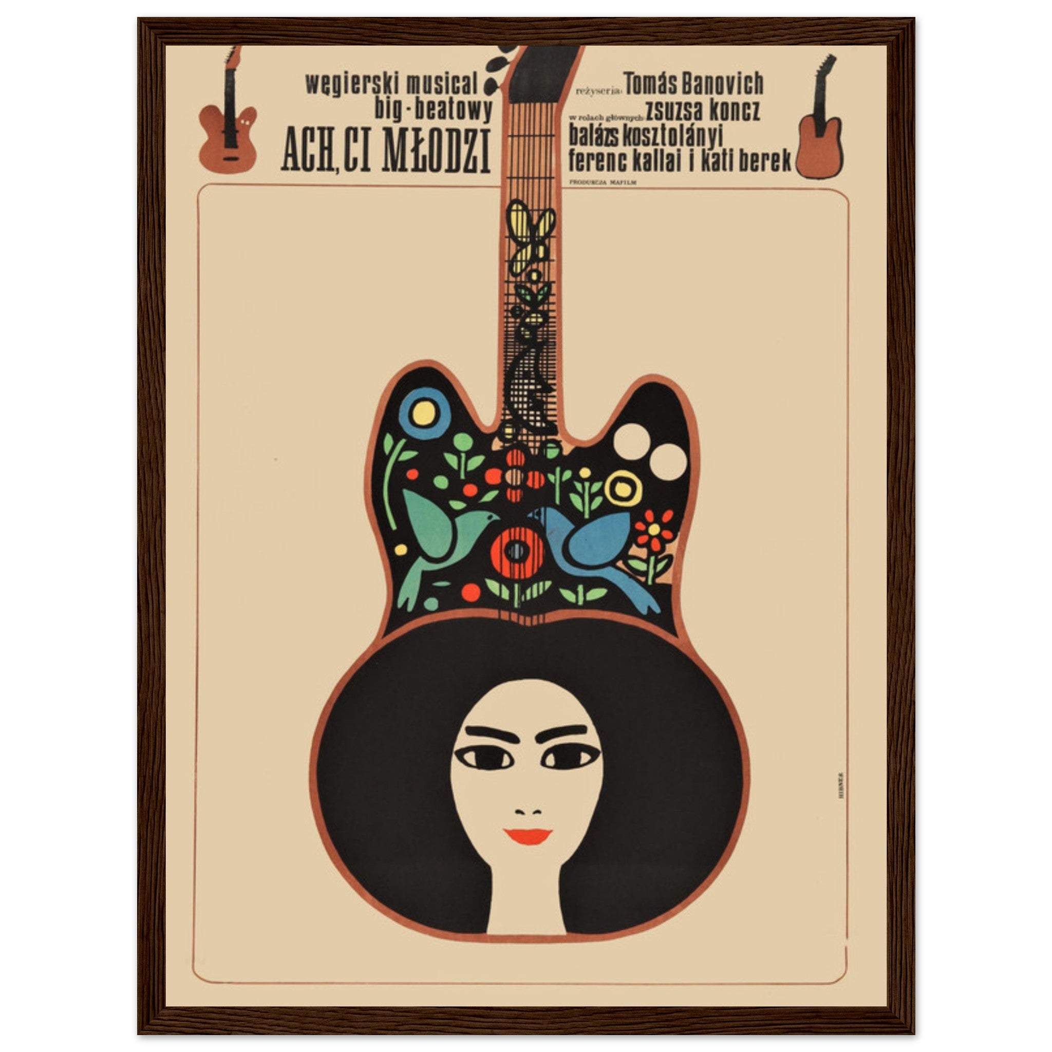 Bright Polish folk music poster with traditional motifs and a guitar centerpiece, perfect for collectors and event decor.