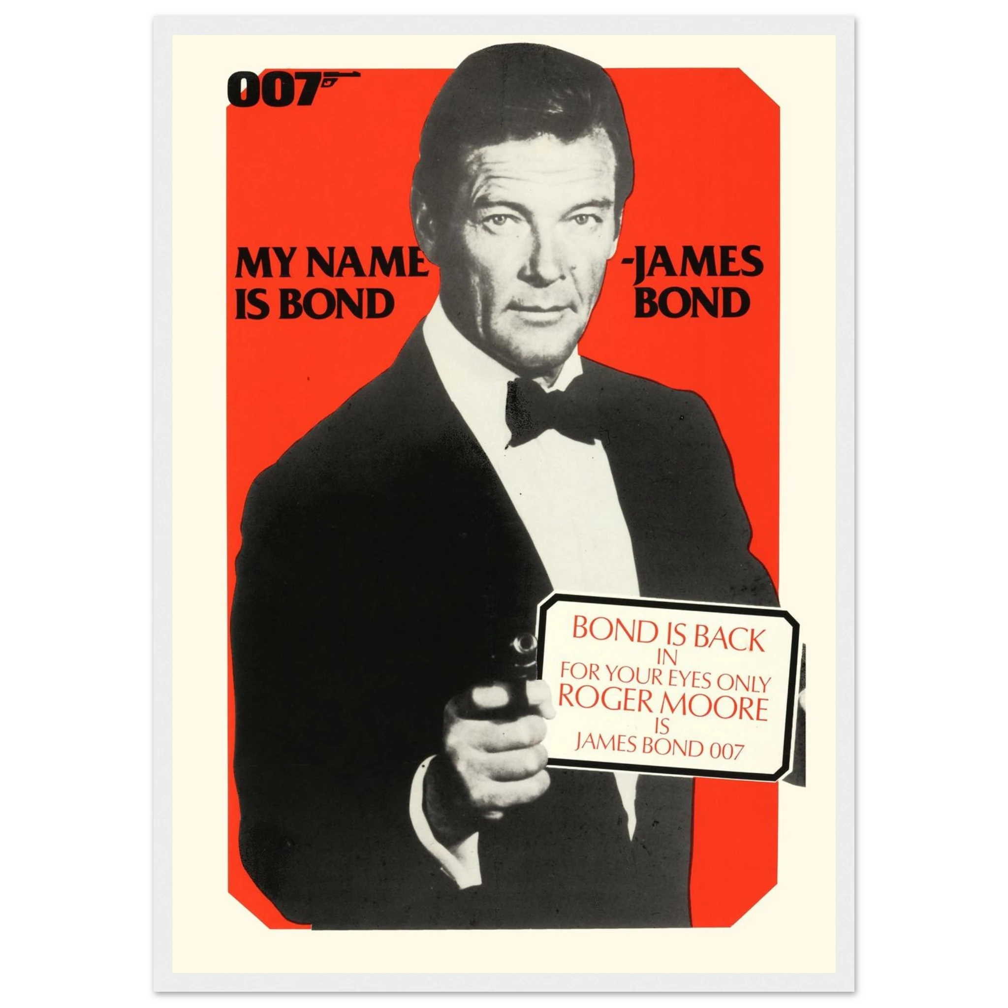 Limited edition James Bond: For Your Eyes Only poster featuring Roger Moore, a striking 1981 film print perfect for Bond fans and collectors.
