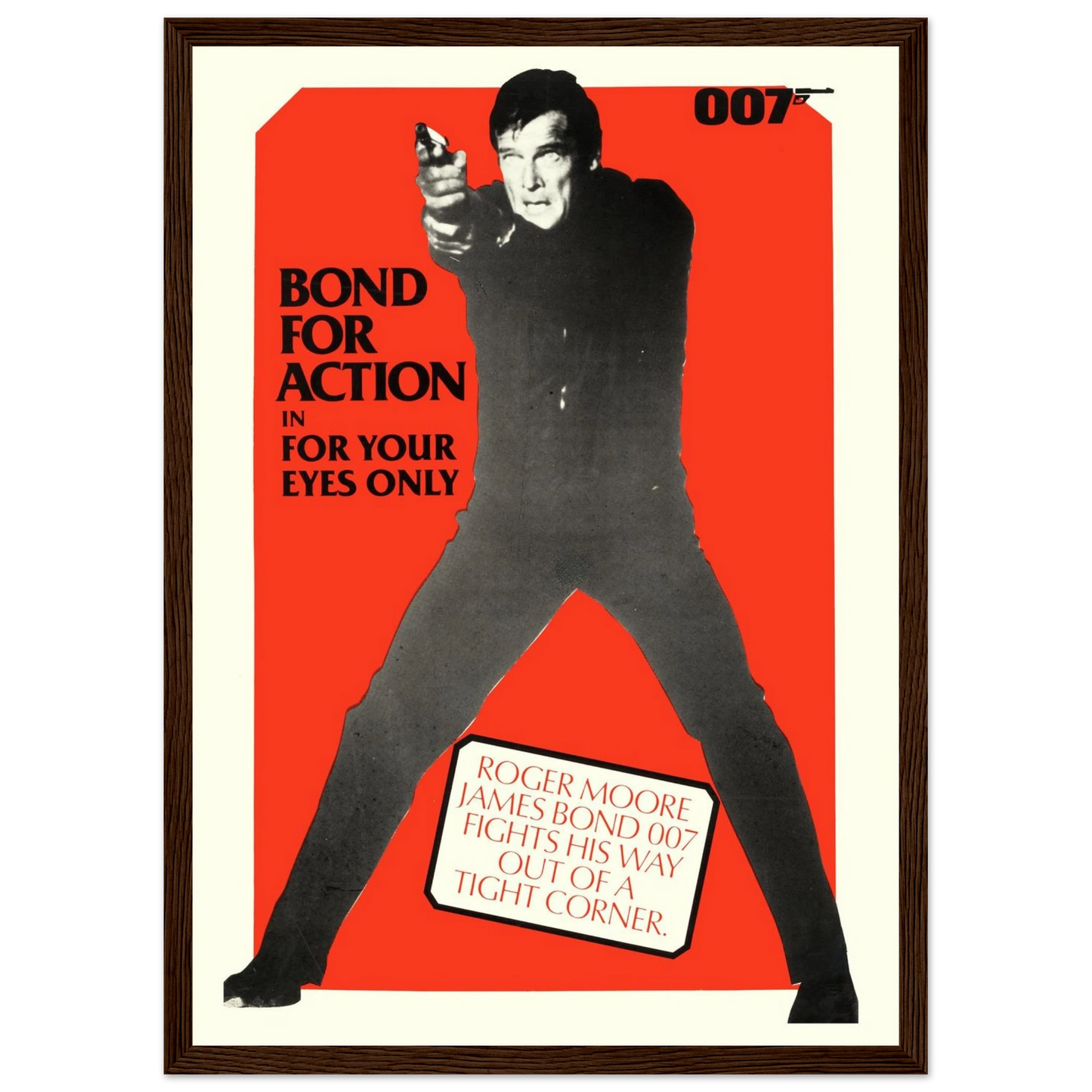 Vintage-style James Bond poster for For Your Eyes Only, an essential collector’s item showcasing Roger Moore’s iconic portrayal of 007.
