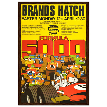 Vintage Formula 5000 racing poster with retro car illustration and bold typography, ideal for race enthusiasts and man-cave decor.