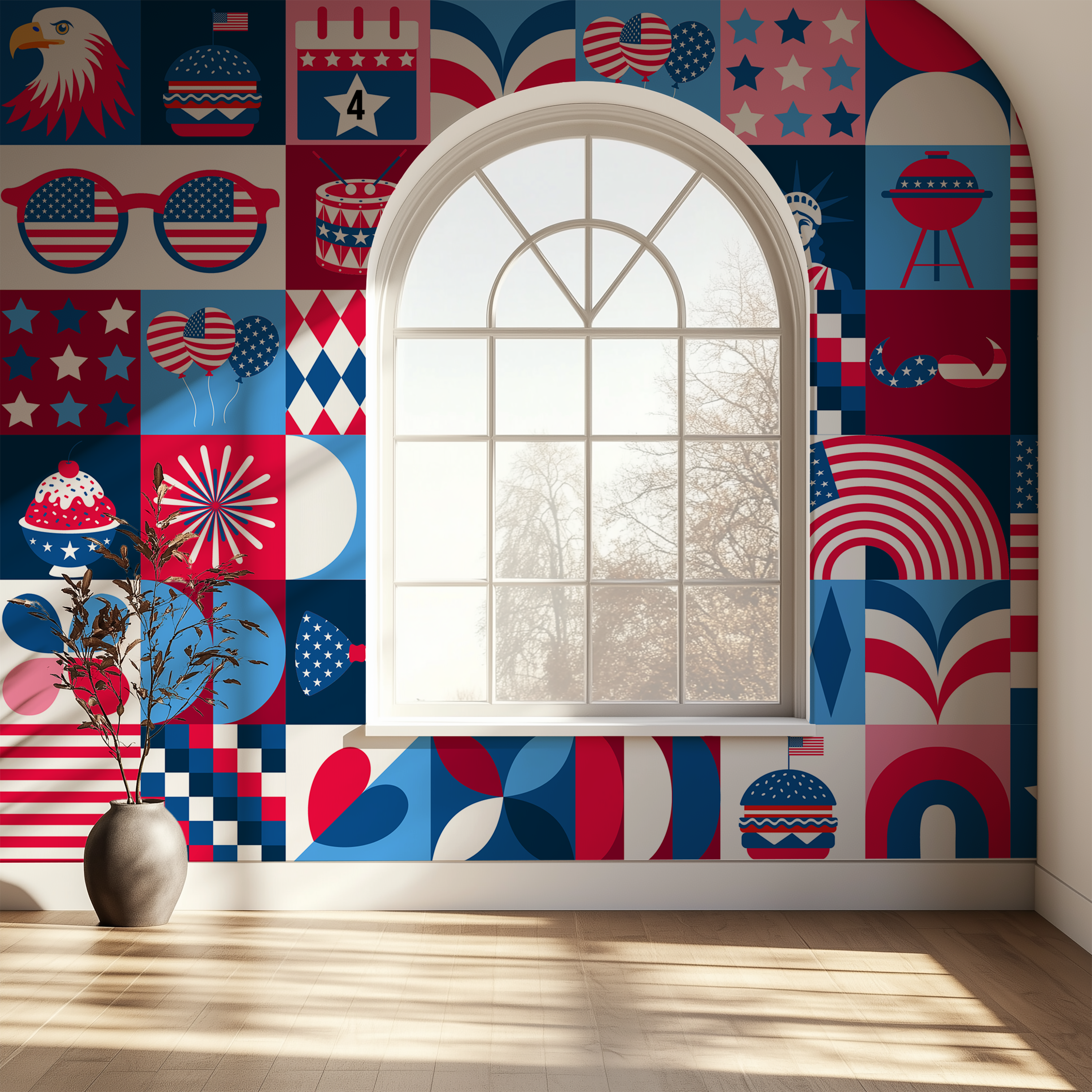 Fourth of July wallpaper, patriotic geometric wallpaper, stars wallpaper, American celebration wallpaper, peel and stick wallpaper, USA decor