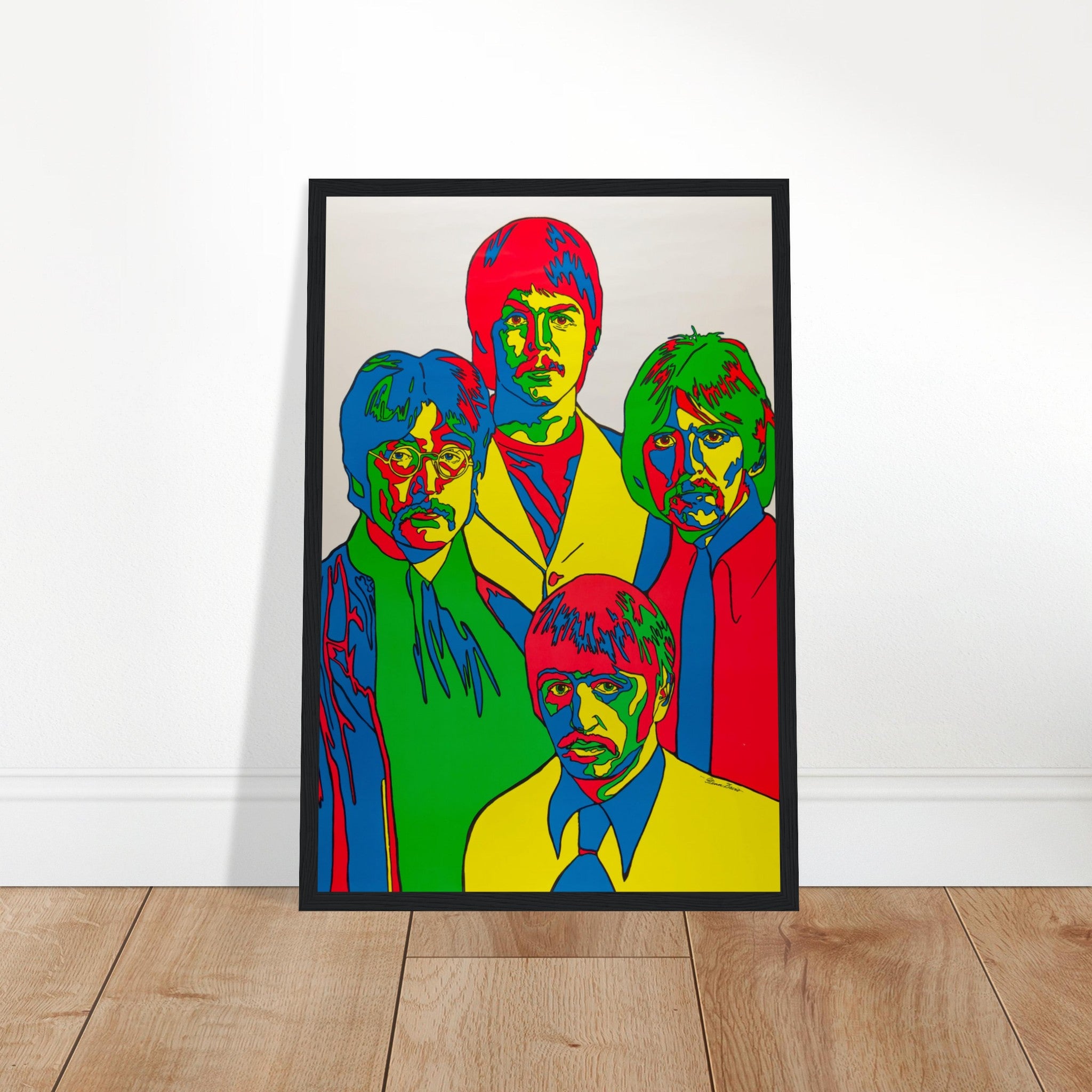 Shop a vibrant Beatles poster featuring John Lennon, Paul McCartney, George Harrison & Ringo Starr in bold colors. A must-have for Beatles fans & collectors!