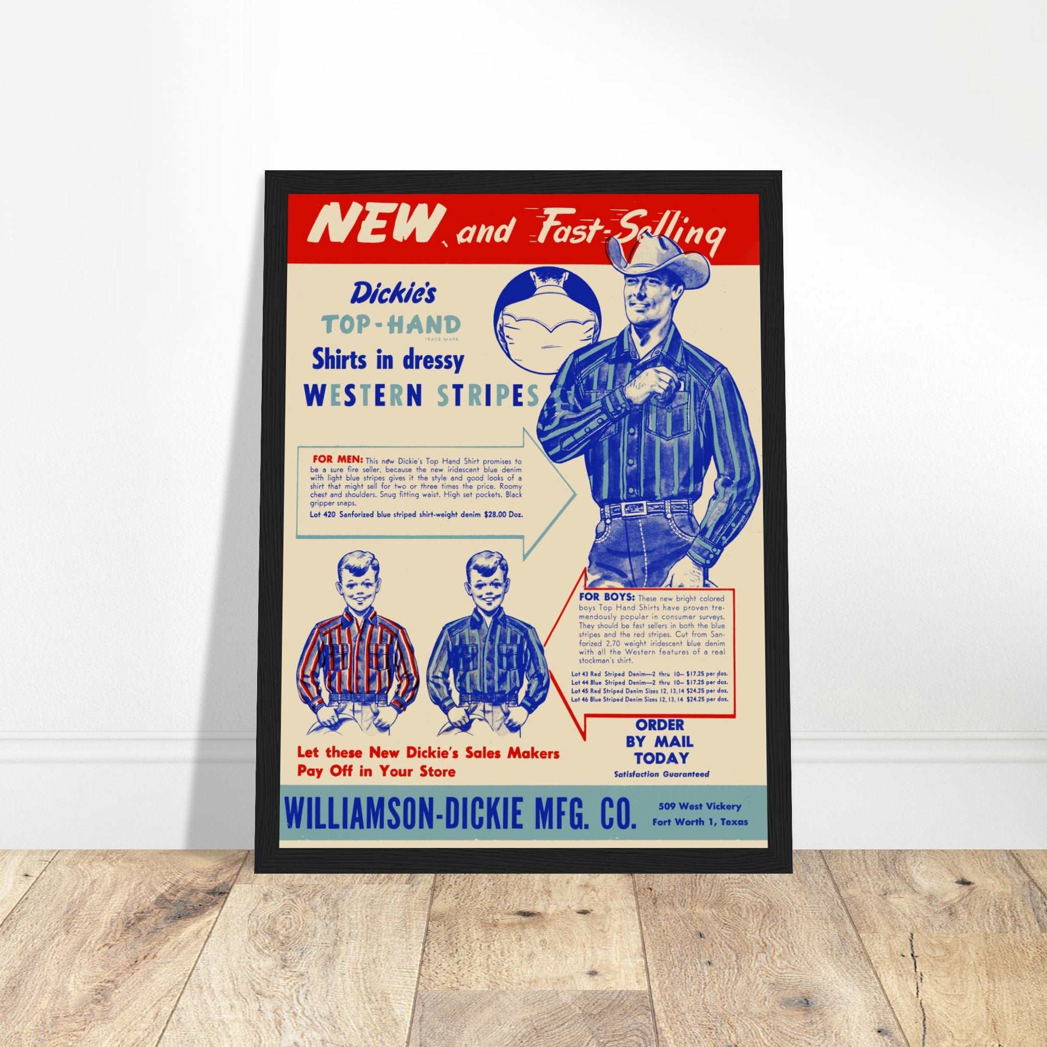 Add a touch of classic American workwear to your space with this Dickies vintage poster! Featuring retro advertising artwork and bold typography, this iconic workwear print showcases the legacy of Dickies’ durable and stylish clothing. A must-have for fans of denim, vintage fashion, and industrial heritage, this retro ad poster is perfect for decorating garages, workshops, boutiques, or man caves.