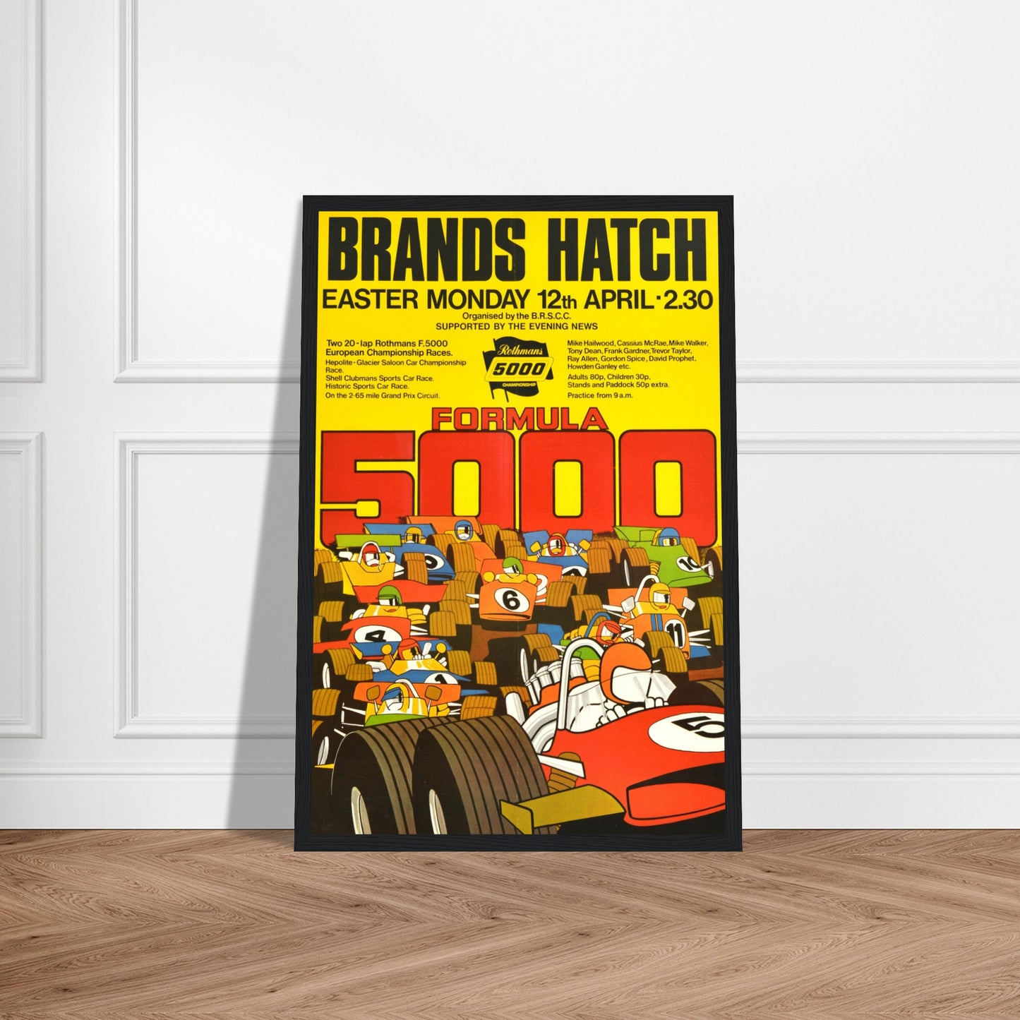 Classic Formula 5000 poster featuring vintage race car art. Perfect for motorsport fans, collectors, and retro racing decor lovers.
