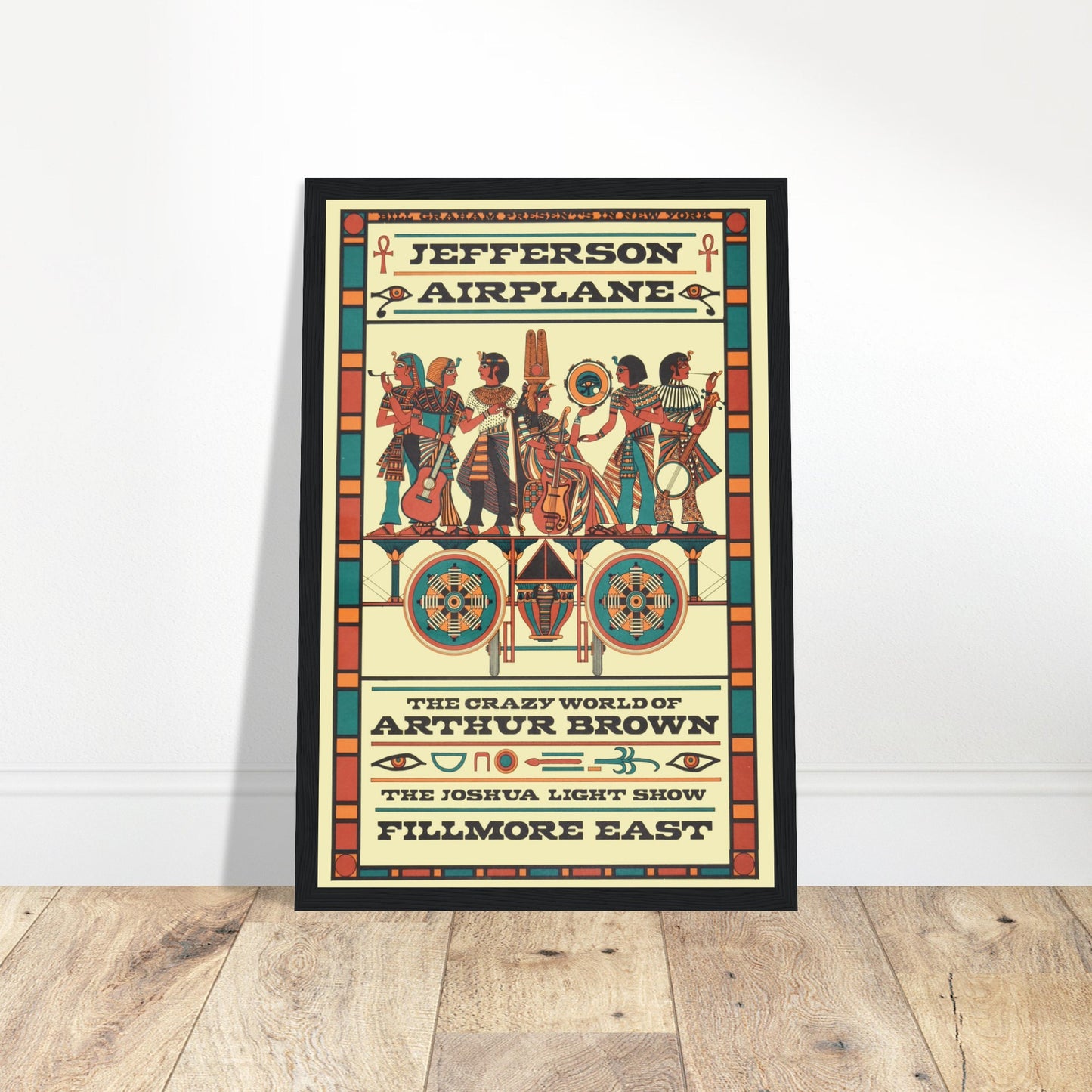 This vintage Jefferson Airplane concert poster is a must-have for music enthusiasts and collectors. Featuring a captivating Egyptian design, it creatively blends the iconic Jefferson Airplane with the mystique of Ancient Egypt. Perfect for fans of psychedelic rock, vintage concert posters, and those who appreciate artistic music memorabilia. Whether displayed in a living room, music studio, or music room, this Jefferson Airplane poster adds an artistic and unique touch to any space. Order today and own a pi