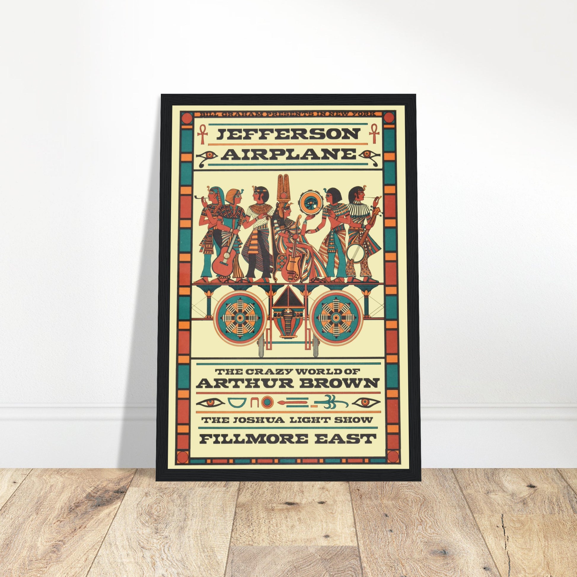 This vintage Jefferson Airplane concert poster is a must-have for music enthusiasts and collectors. Featuring a captivating Egyptian design, it creatively blends the iconic Jefferson Airplane with the mystique of Ancient Egypt. Perfect for fans of psychedelic rock, vintage concert posters, and those who appreciate artistic music memorabilia. Whether displayed in a living room, music studio, or music room, this Jefferson Airplane poster adds an artistic and unique touch to any space. Order today and own a pi