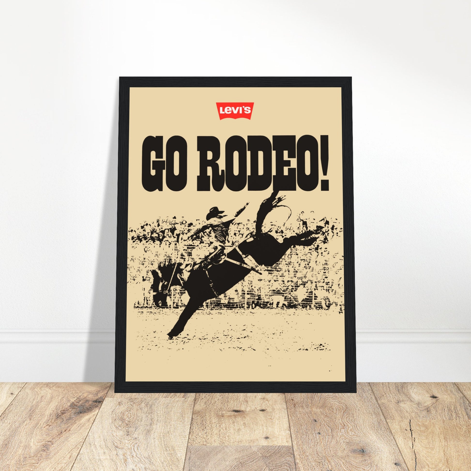 Step into the world of cowboy culture with this iconic Levi's Rodeo vintage poster, showcasing the timeless appeal of Levi's western wear. Featuring bold retro graphics and a nod to the wild west, this poster captures the spirit of rodeo competitions and the rugged allure of cowboy fashion. Whether you're a fan of vintage advertising, western style, or Levi's fashion, this piece is perfect for home decor or Western-themed spaces. Add a touch of American heritage to your walls today with this Levi's Rodeo po