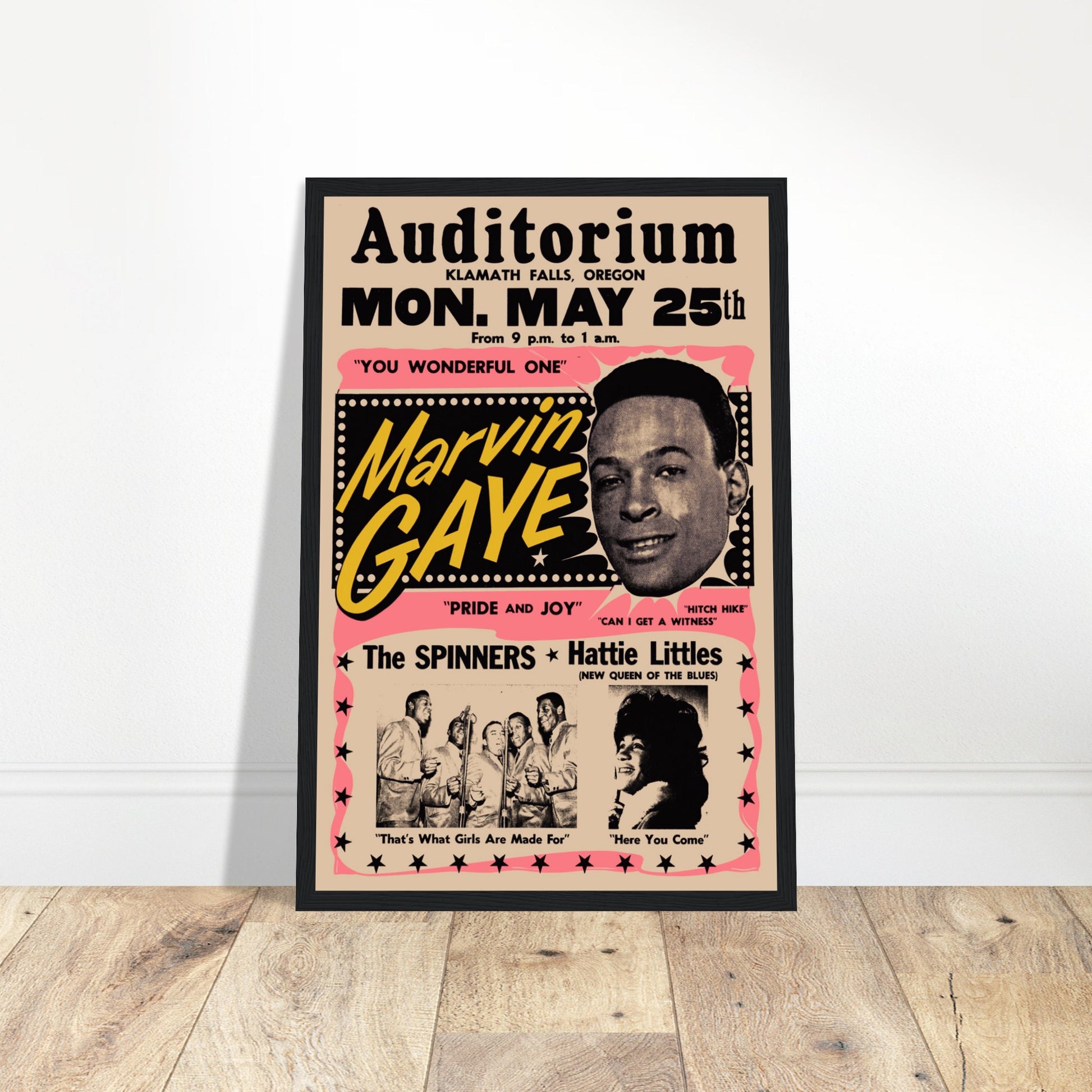 Iconic Marvin Gaye concert poster, perfect for soul music fans and collectors. Celebrate a Motown legend with this vintage-style wall art. Shop now!