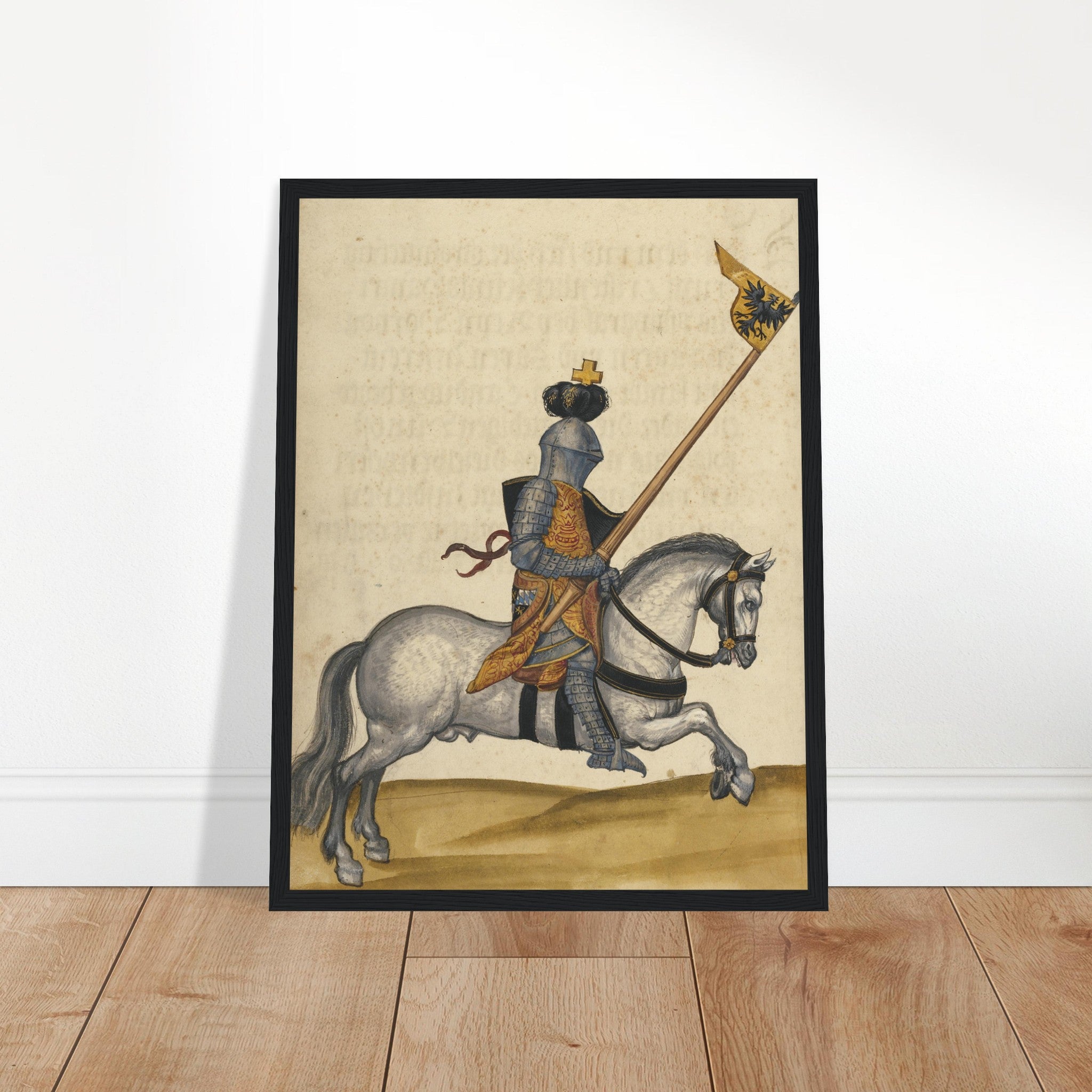 Stunning medieval knight poster inspired by a German tournament book. Perfect for history buffs, medieval enthusiasts, and vintage decor lovers.