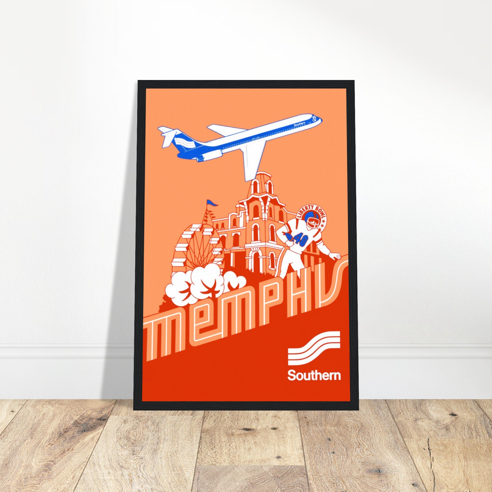 Unique Memphis vintage poster featuring Southern Airlines retro print and Tennessee football. Perfect for collectors, sports fans & travel lovers. Shop now!