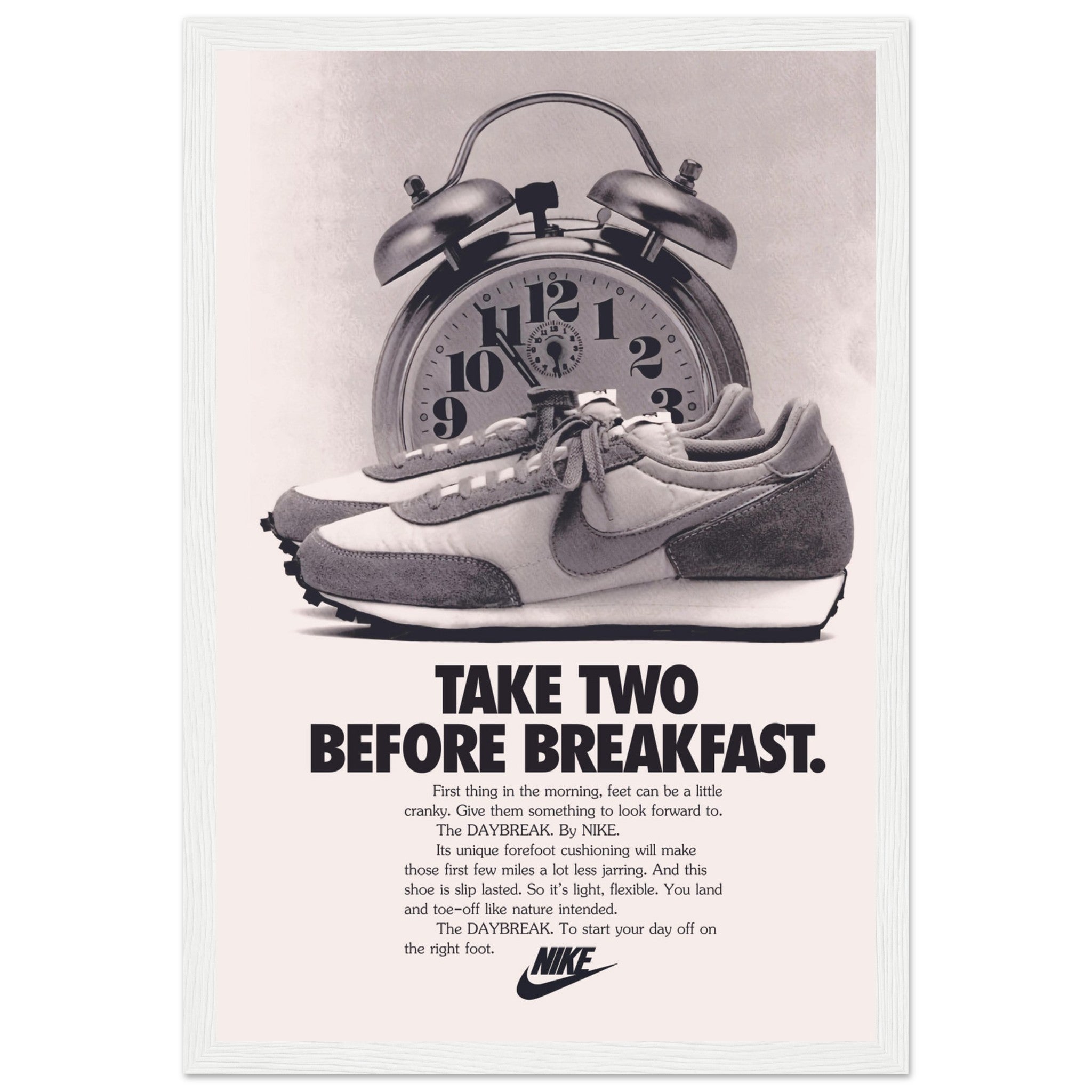 Iconic Nike Daybreak vintage poster, celebrating the classic sneaker from the 70s. Perfect for sneakerheads & retro sportswear fans. Shop now!