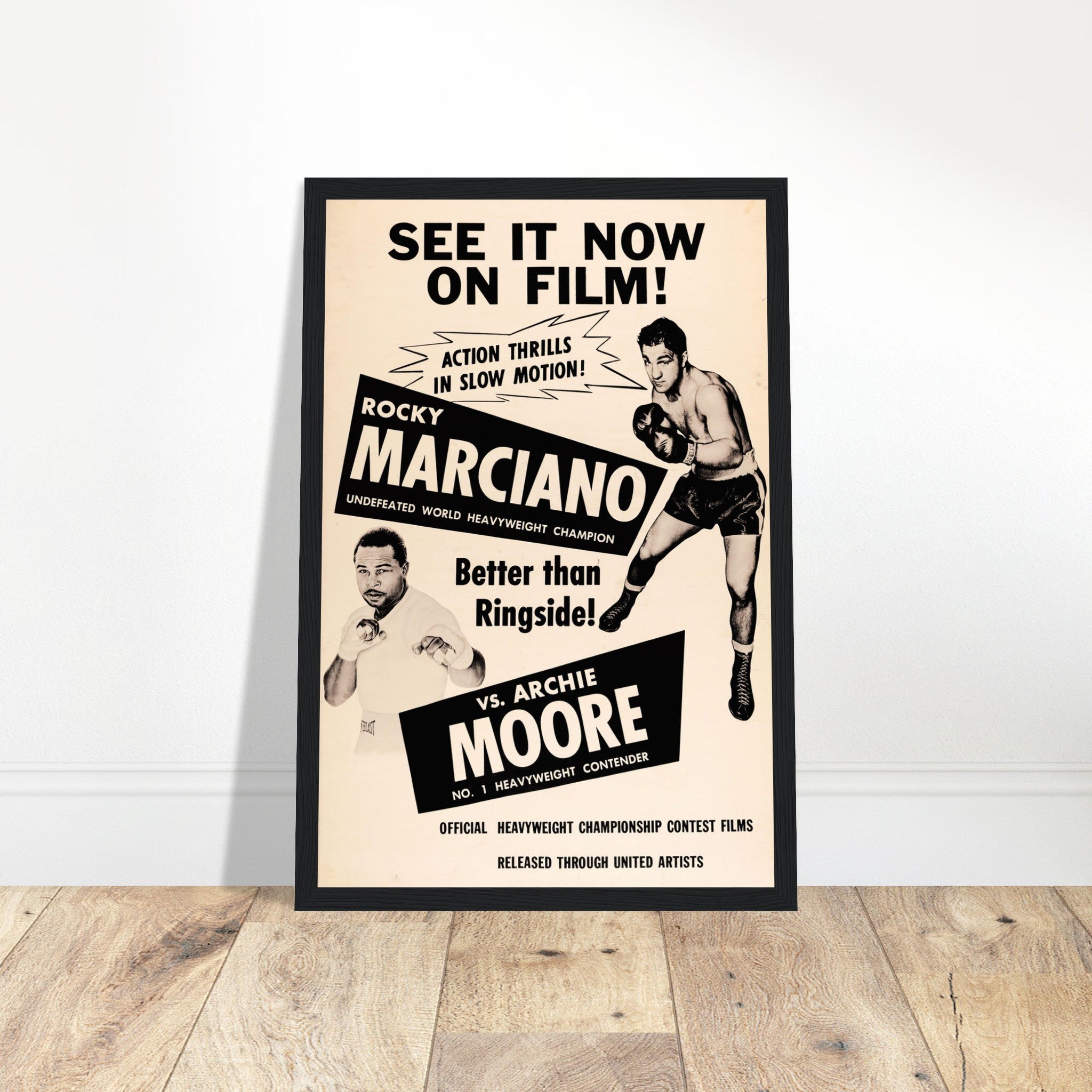Iconic Rocky Marciano vs Michael Moorer boxing poster, celebrating a dream fight between two heavyweight legends. A must-have for boxing fans! Shop now!