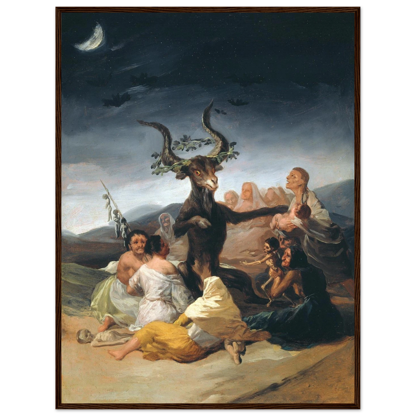 Dark wall decor featuring Goya’s Witches’ Sabbath, a striking 18th-century Spanish painting that explores human psychology and myth.