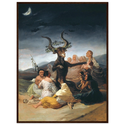 Dark wall decor featuring Goya’s Witches’ Sabbath, a striking 18th-century Spanish painting that explores human psychology and myth.