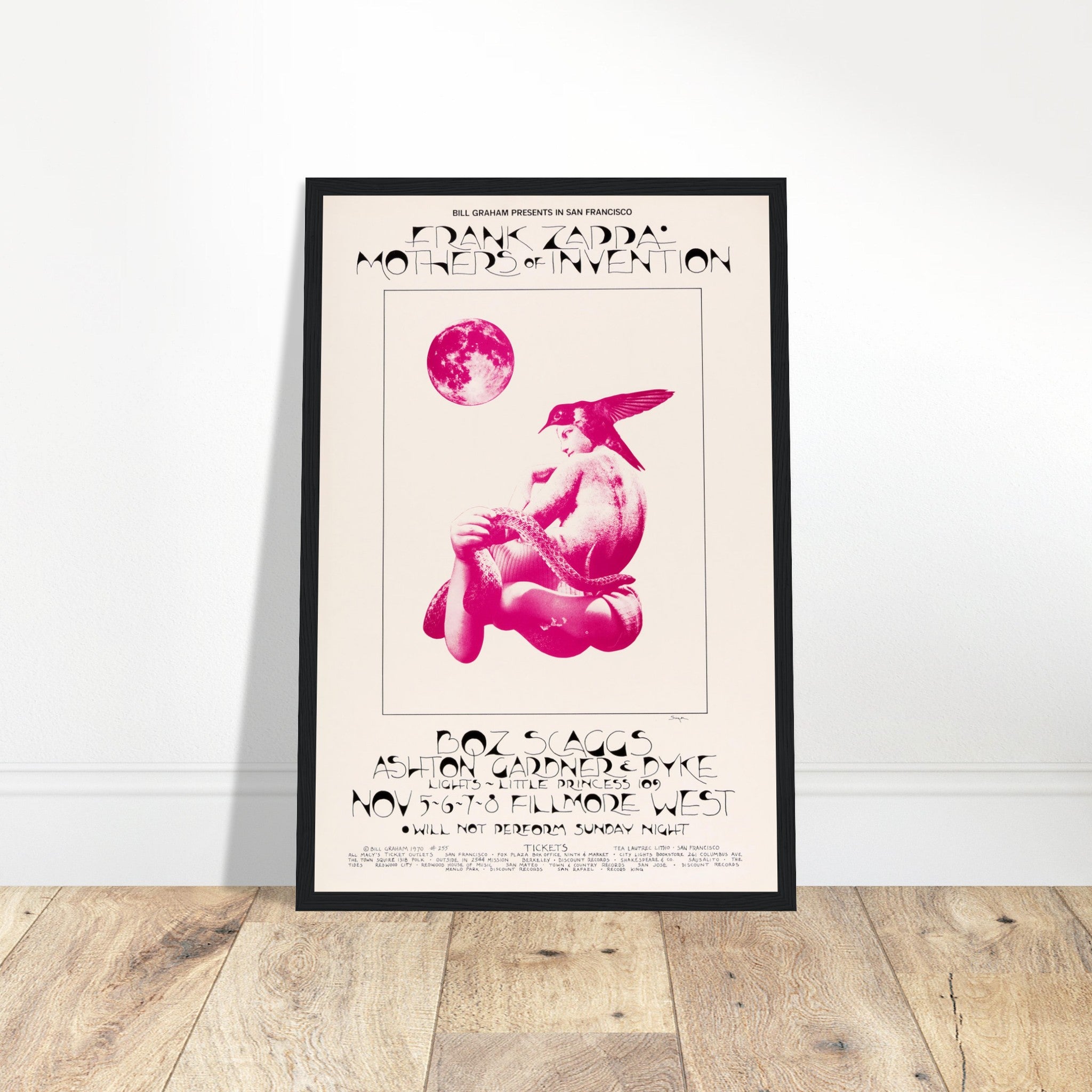 Vintage Frank Zappa Fillmore West 1970 poster featuring psychedelic pink artwork from Bill Graham’s San Francisco concert series.
