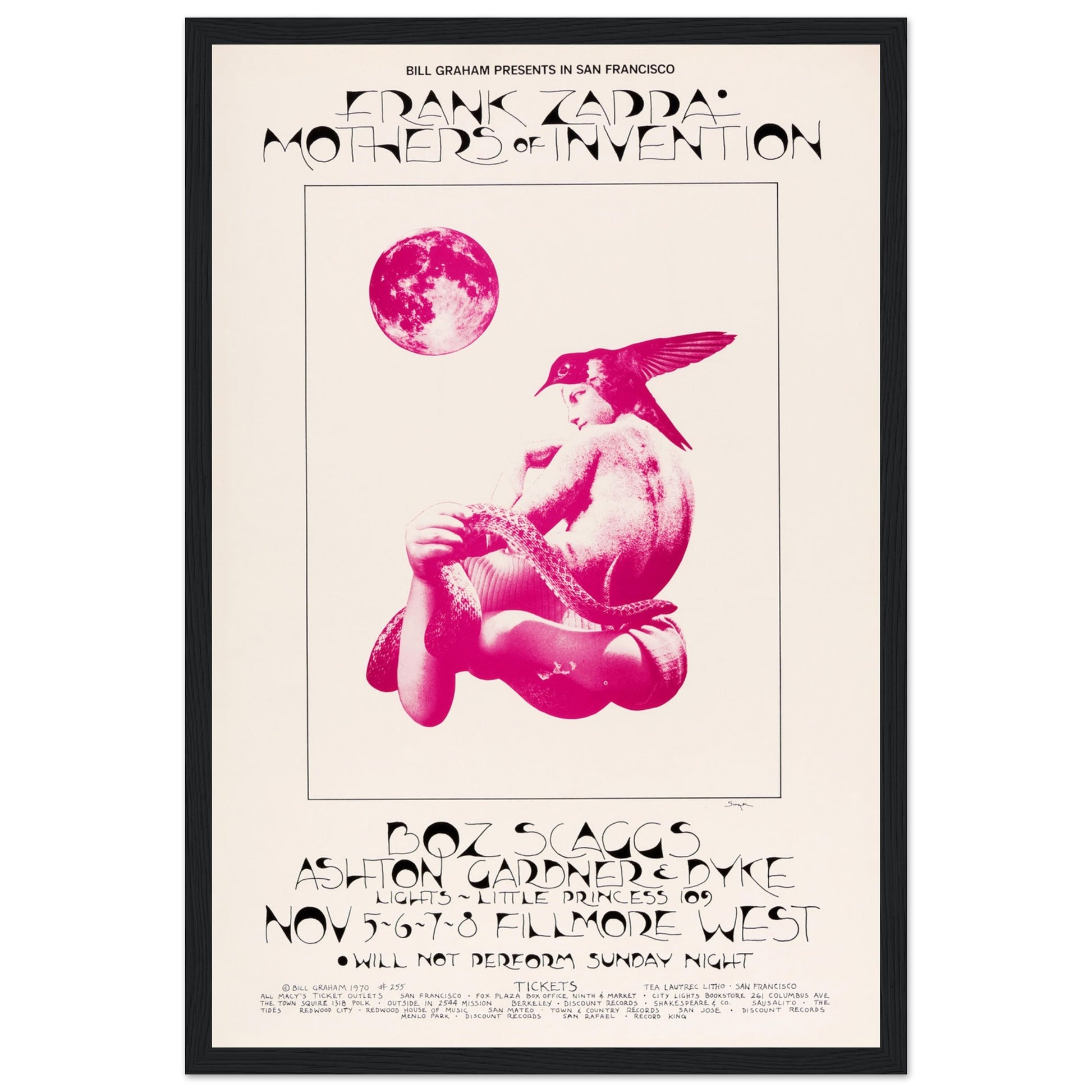 Vintage 1970 Fillmore West poster featuring Frank Zappa & The Mothers of Invention. A must-have psychedelic concert print for rock and Zappa fans!