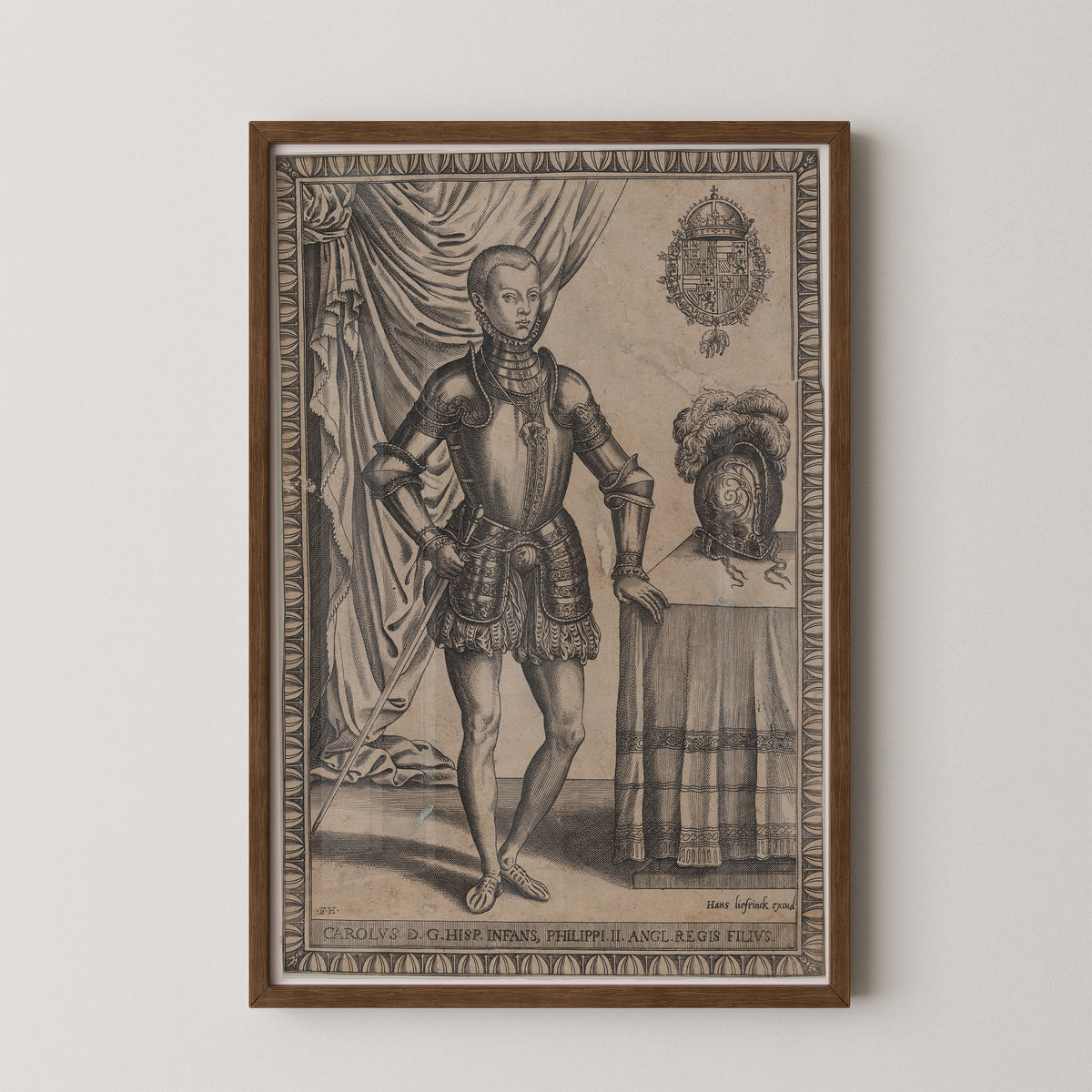 Don Carlos, Prince of Asturias by Frans Huys, heraldic coat of arms and patterned border, dark wood frame