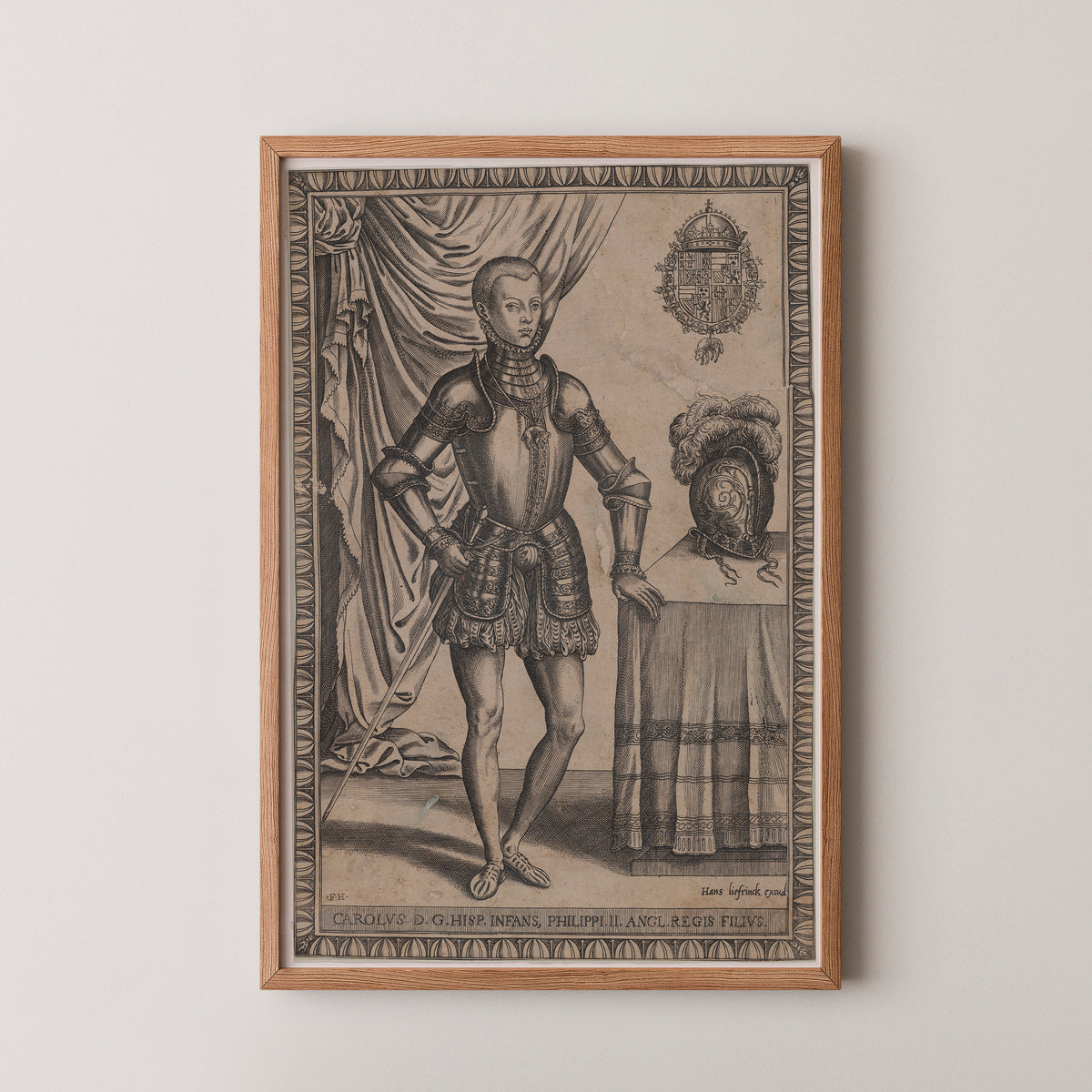 Don Carlos, Prince of Asturias by Frans Huys, feathered helmet beside draped support, natural wood frame