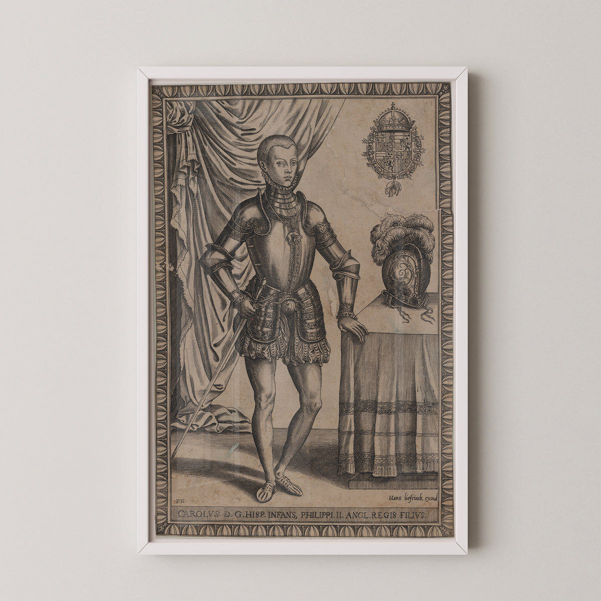 Don Carlos, Prince of Asturias by Frans Huys, gathered curtain and lower inscription, white frame