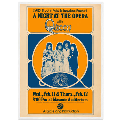 Classic Queen poster with Freddie Mercury and band in retro orange and blue design promoting A Night at the Opera concert.