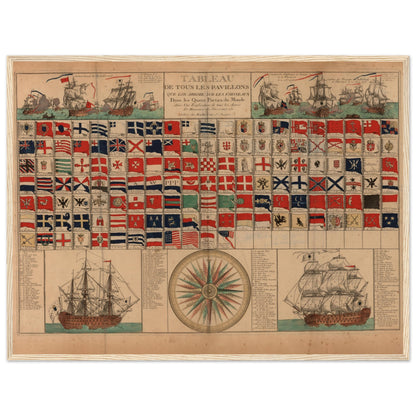 Vintage French nautical map poster featuring colorful naval flags, classic ships, and compass art. A striking piece of maritime history ideal for home offices or coastal decor.