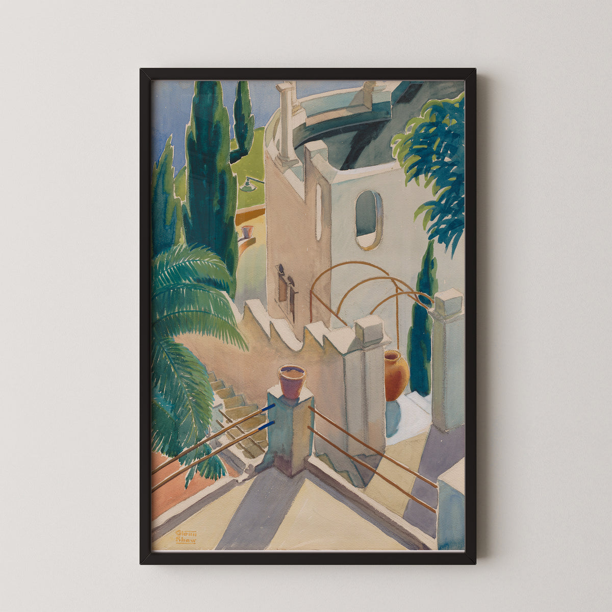 From Our Balcony by Glenn Moore Shaw, art print in a black frame