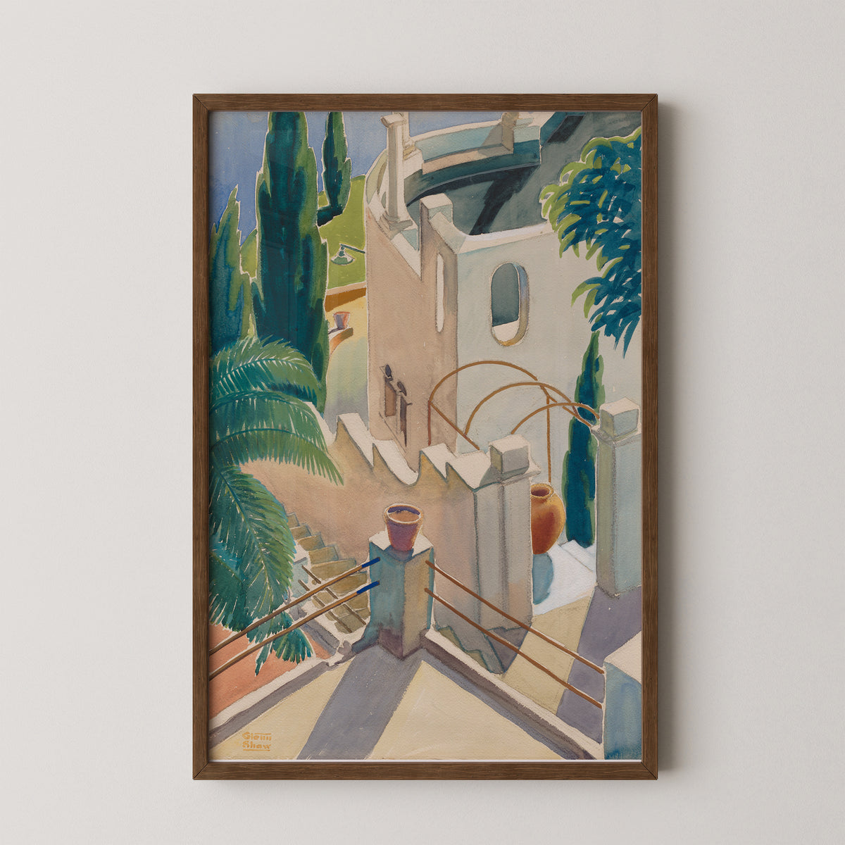 From Our Balcony by Glenn Moore Shaw, art print in a dark wood frame