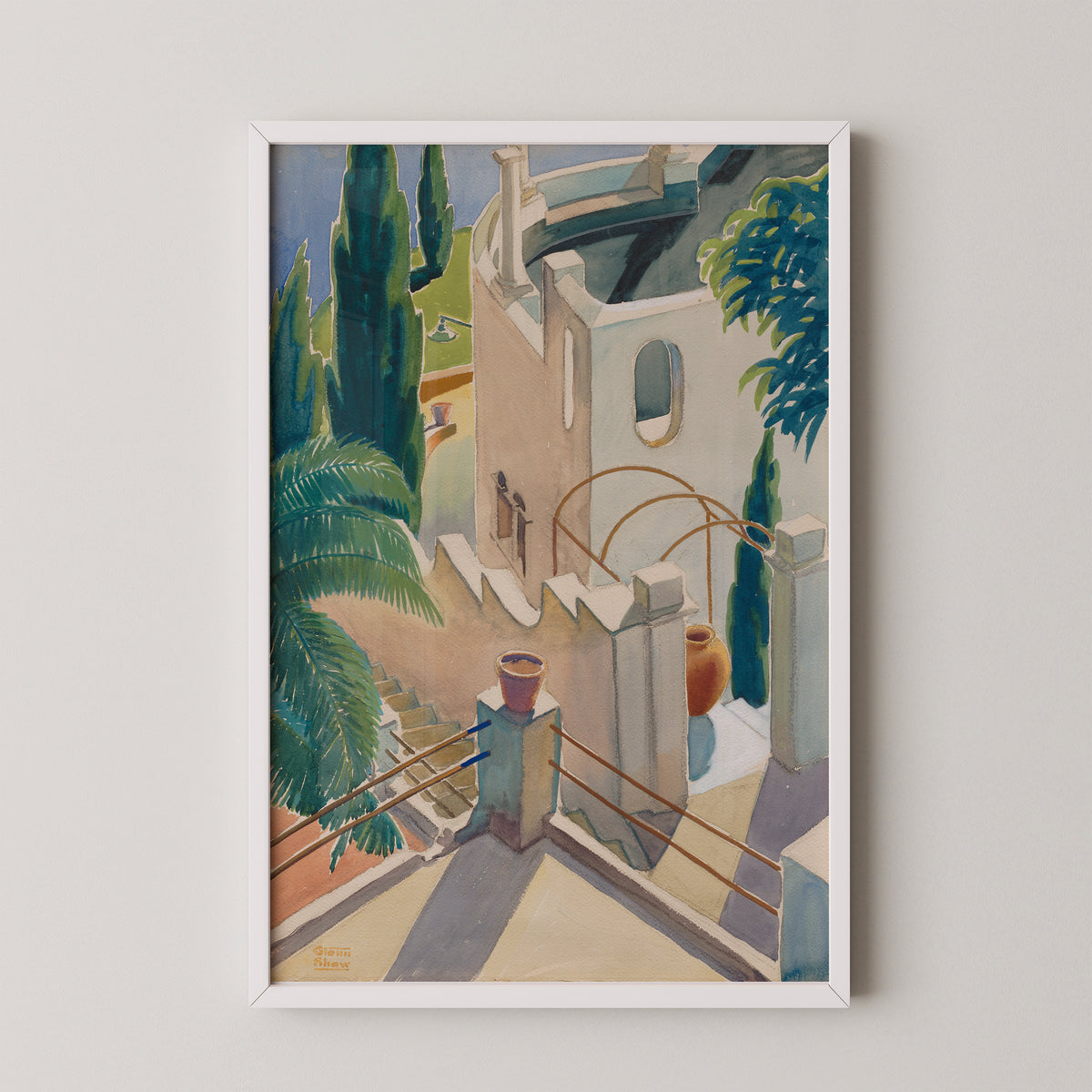 From Our Balcony by Glenn Moore Shaw, art print in a white frame