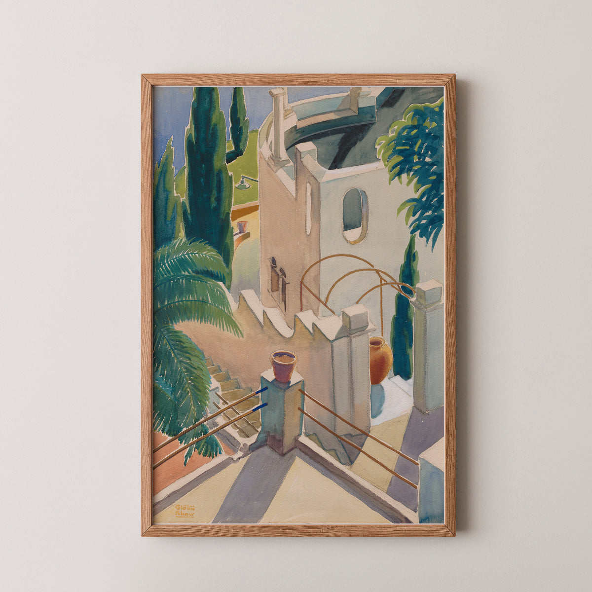 From Our Balcony by Glenn Moore Shaw, art print in a natural wood frame