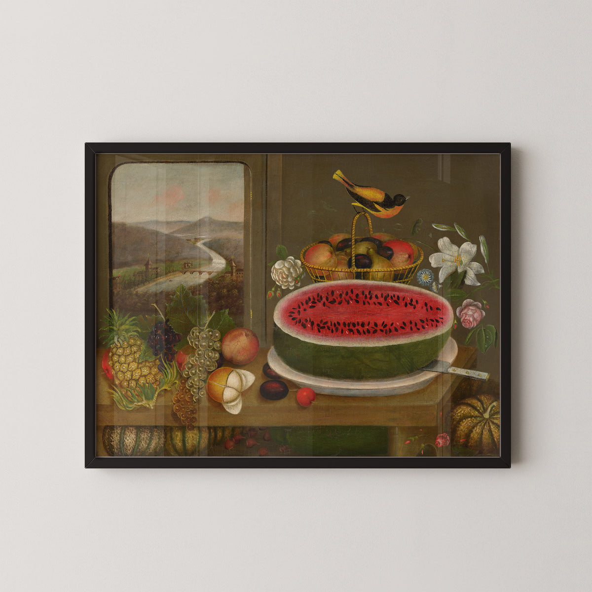 Fruit and Baltimore Oriole by Wagguno, fruit and bird still life art print displayed in a black frame