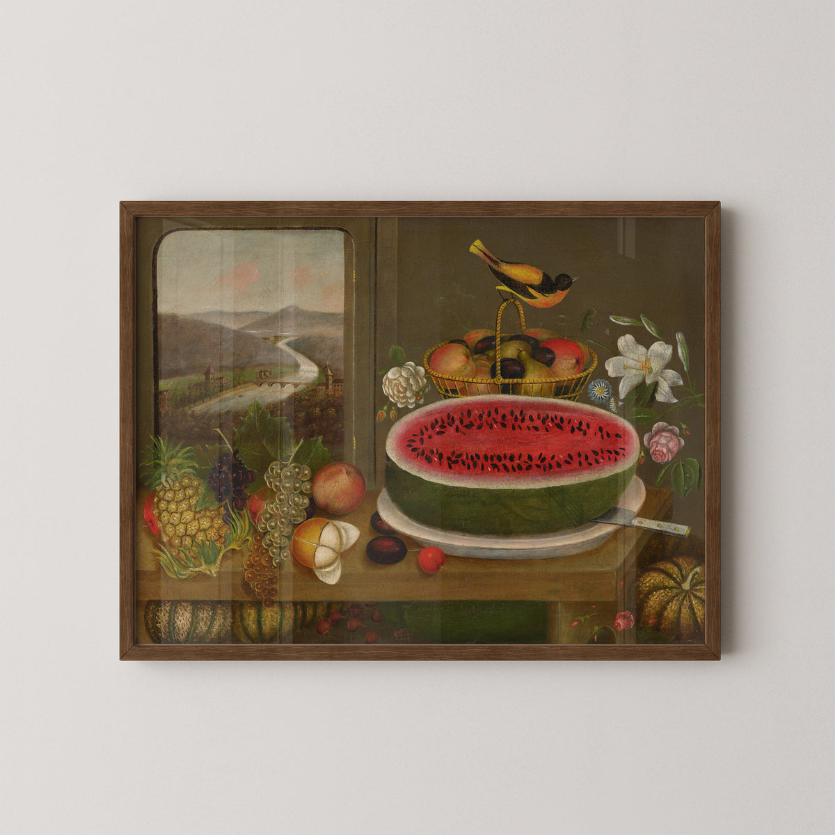 Dark wood-framed Fruit and Baltimore Oriole, with a yellow-and-black bird above a basket of fruit and flowers