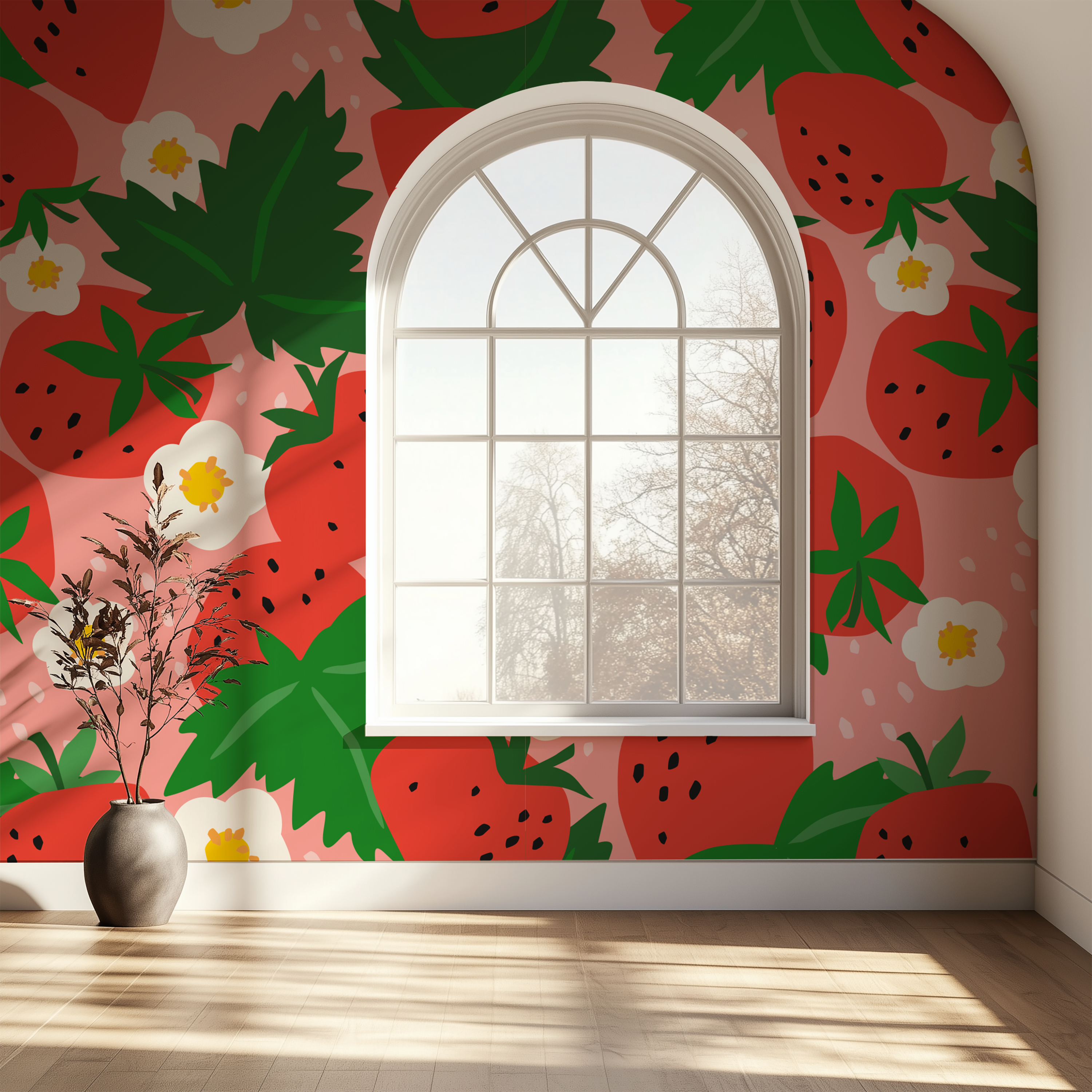 Fruit Pop Strawberry Wallpaper displayed as a colourful architectural feature wall with oversized strawberries and botanical leaves.