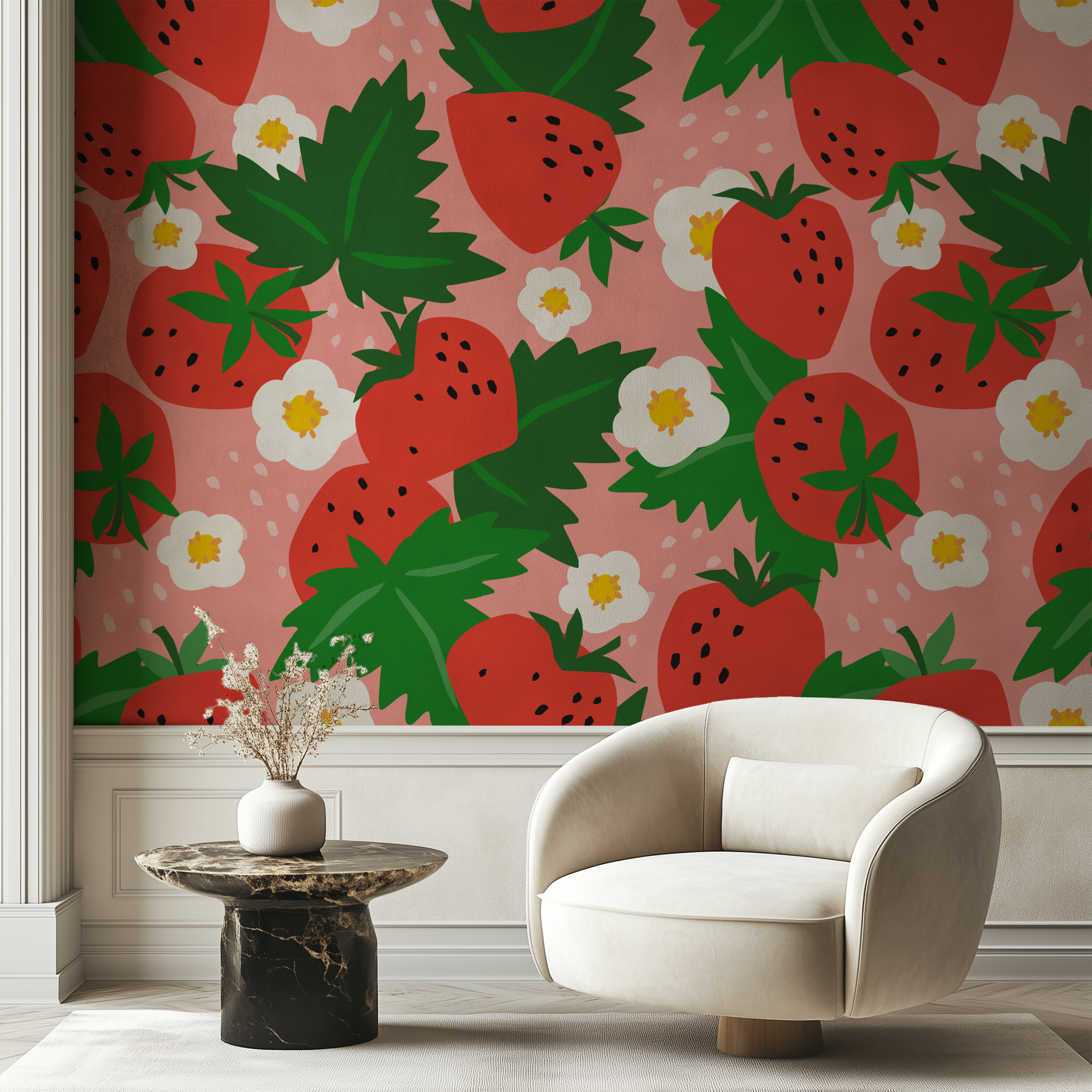 Fruit Pop Strawberry Wallpaper featured behind a modern bed with soft neutral bedding.