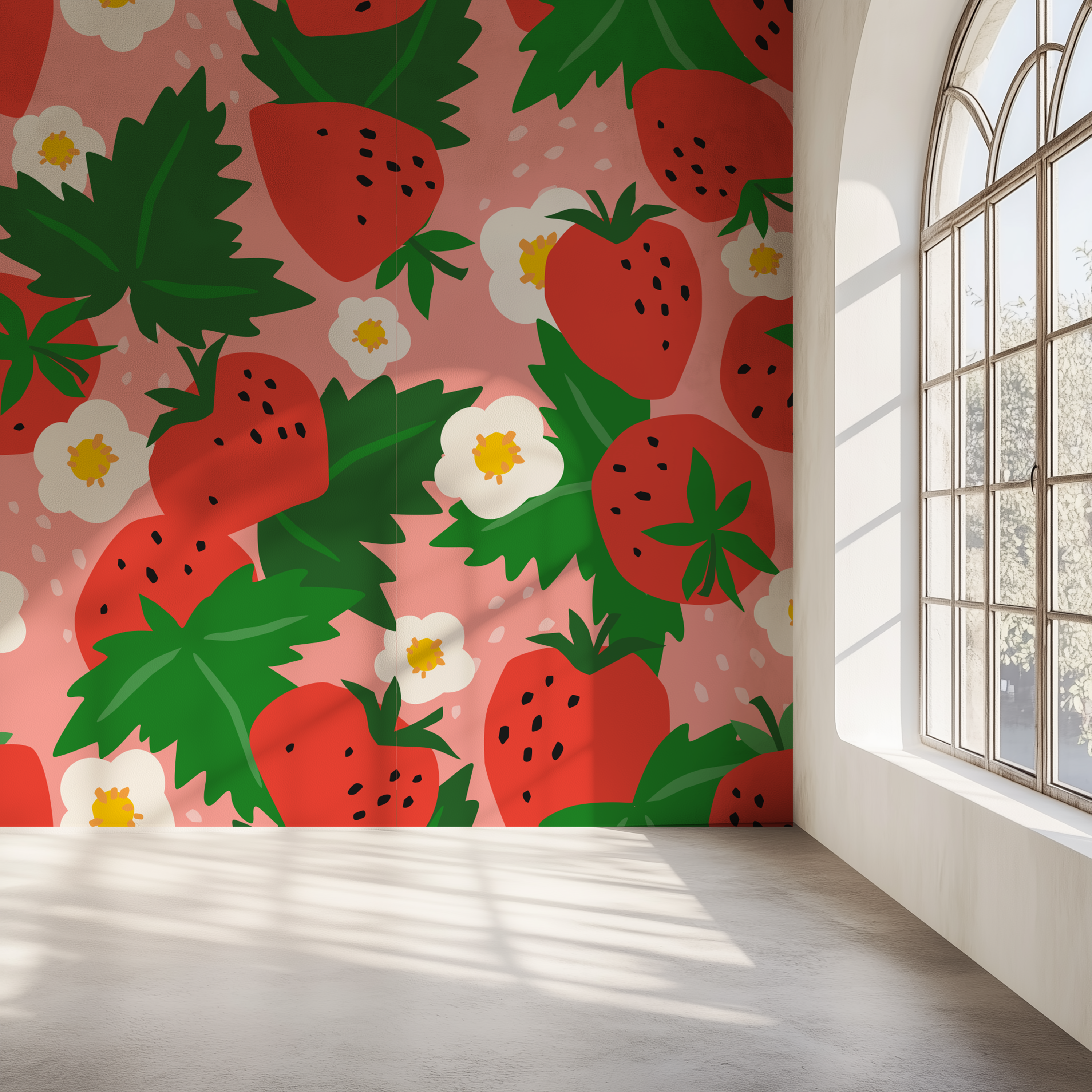 Fruit Pop Strawberry Wallpaper creating a cheerful backdrop in a contemporary home office.